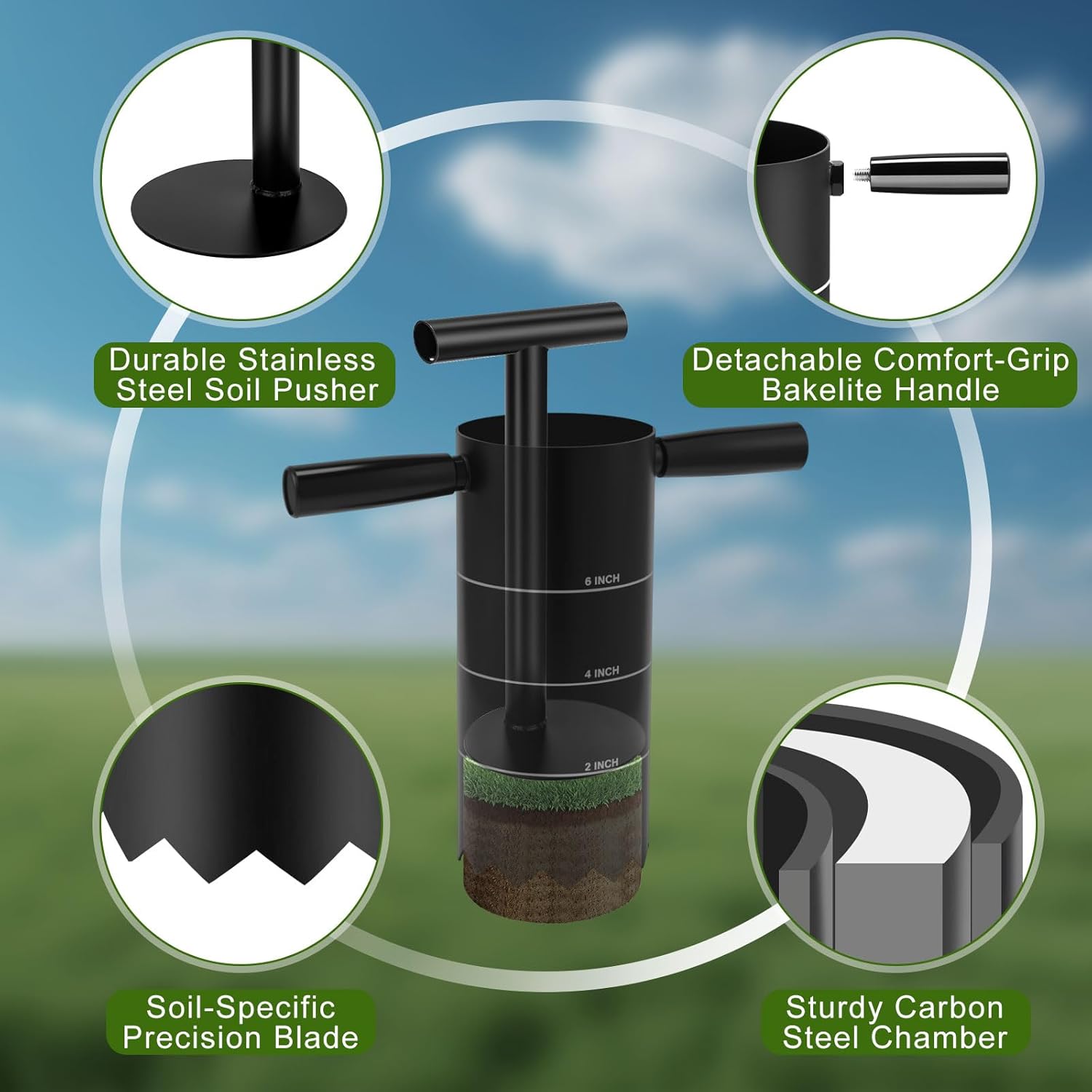 Golf Hole Cutter, Portable Cup Cutter with Detachable Handle & Serrated Carbon Steel Blade, Standard 4" & 6" Hole Digger for Backyard Putting Green Practice, 2" Bulb Planter for Garden