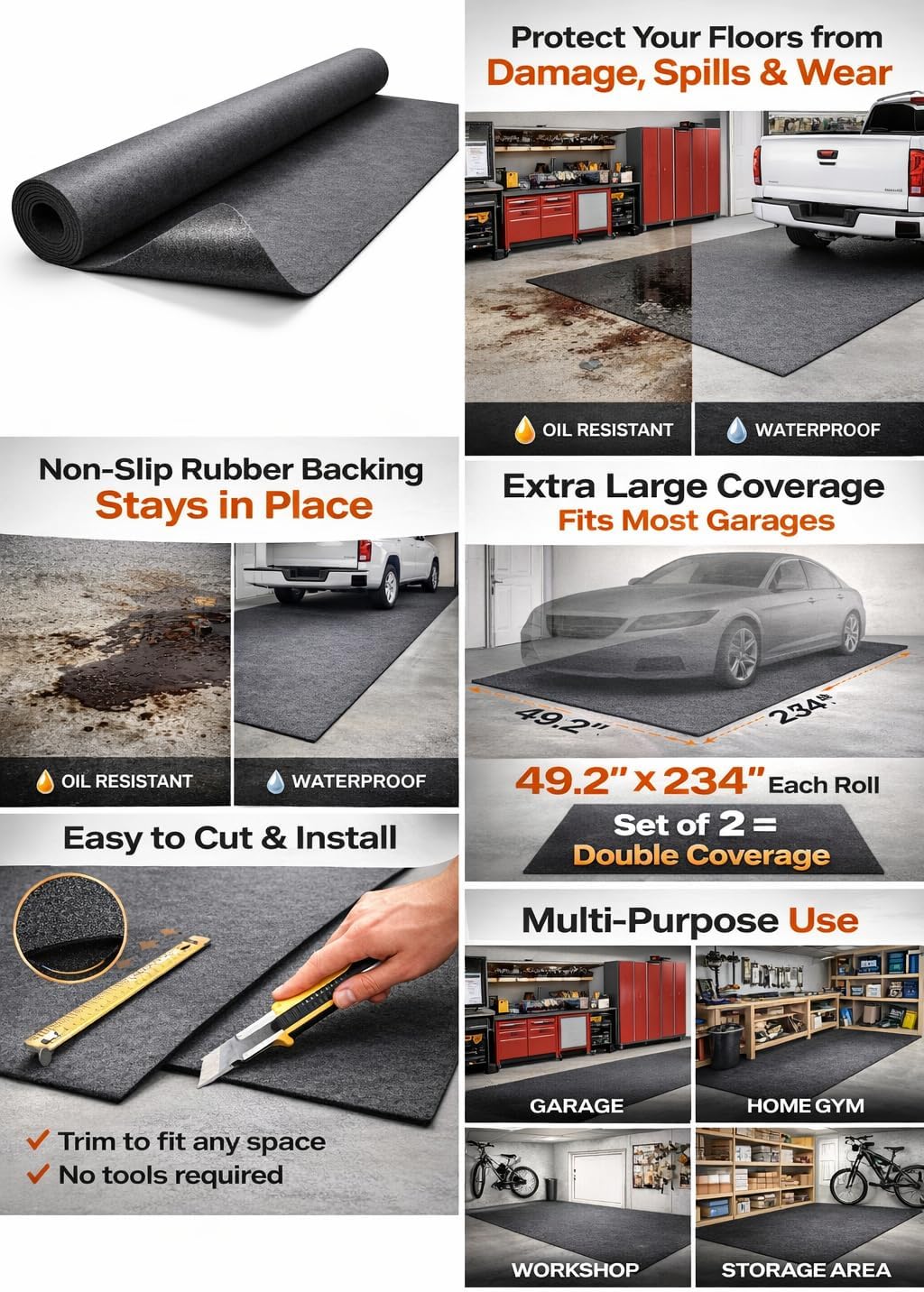 Heavy Duty Garage Floor Mat 7.4 ft x 8.2 ft – Waterproof Multi-Use Floor Protector for Car, Gym, Workshop & Oil Spill