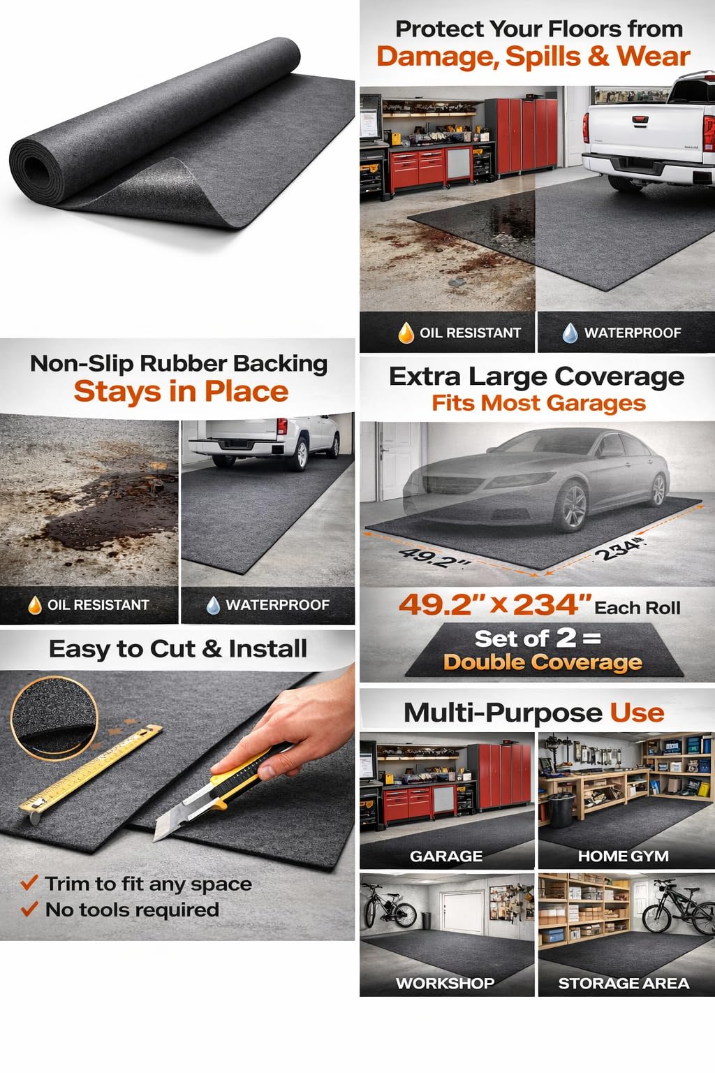 Tappeto Garage Auto, Tappeti per Garage che Assorbono Acqua e per Contenimento di Fuoriuscite di Olio, Antiscivolo Tappeto per Pavimenti da Garage, Tappeto Garage in Tessuto (2.54 x 2.23 m)