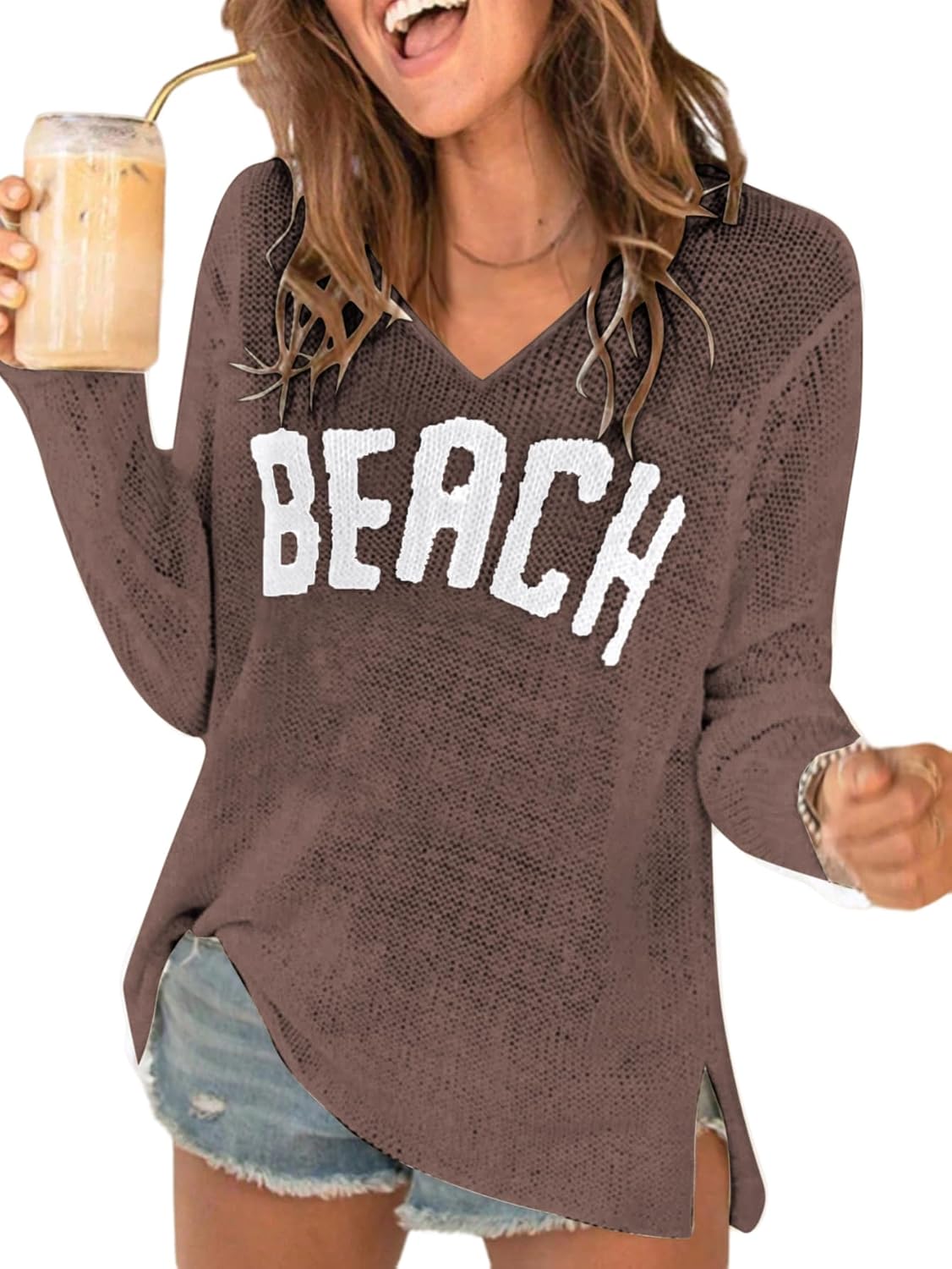 Women's Letter V Neck Beach Sweaters Long Sleeve Split Crochet Tops Knit Pullovers Cover Up