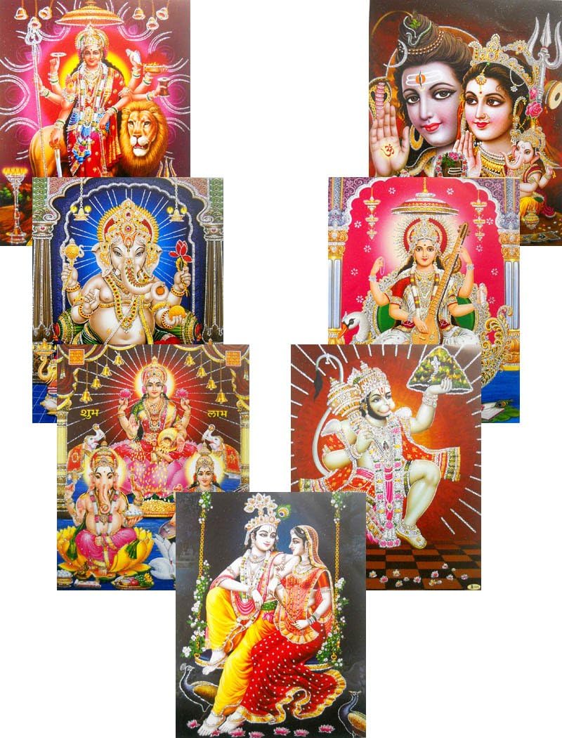 Crafts of India Wholesale Lot of 10 Hindu Gods and Goddess Glitter Posters : Size - 9x11 Inches