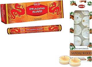 HEM Dragon’s Blood Incense Sticks (120 Count) + HEM Sandalwood Tealight Candles (10 Pack, 5 Hr Burn Each) | Natural Soy, Non-Toxic, Long Lasting Combo for Yoga, Prayer & Relaxation