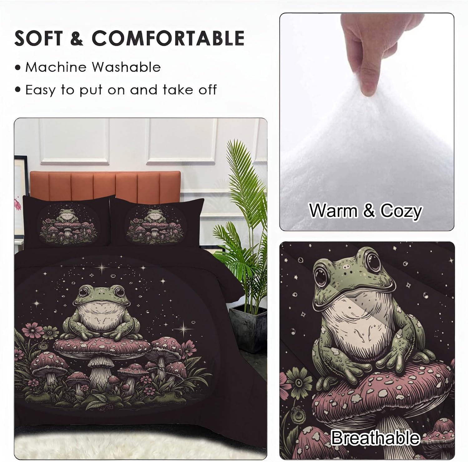 Kids 68" x 86" Coverless Duvet for All Seasons, Reversible Washable 2 Pcs Quilt with Simple Mushroom Patterns, Black Comforter with 1 Pillowcases 50x75cm, Twin