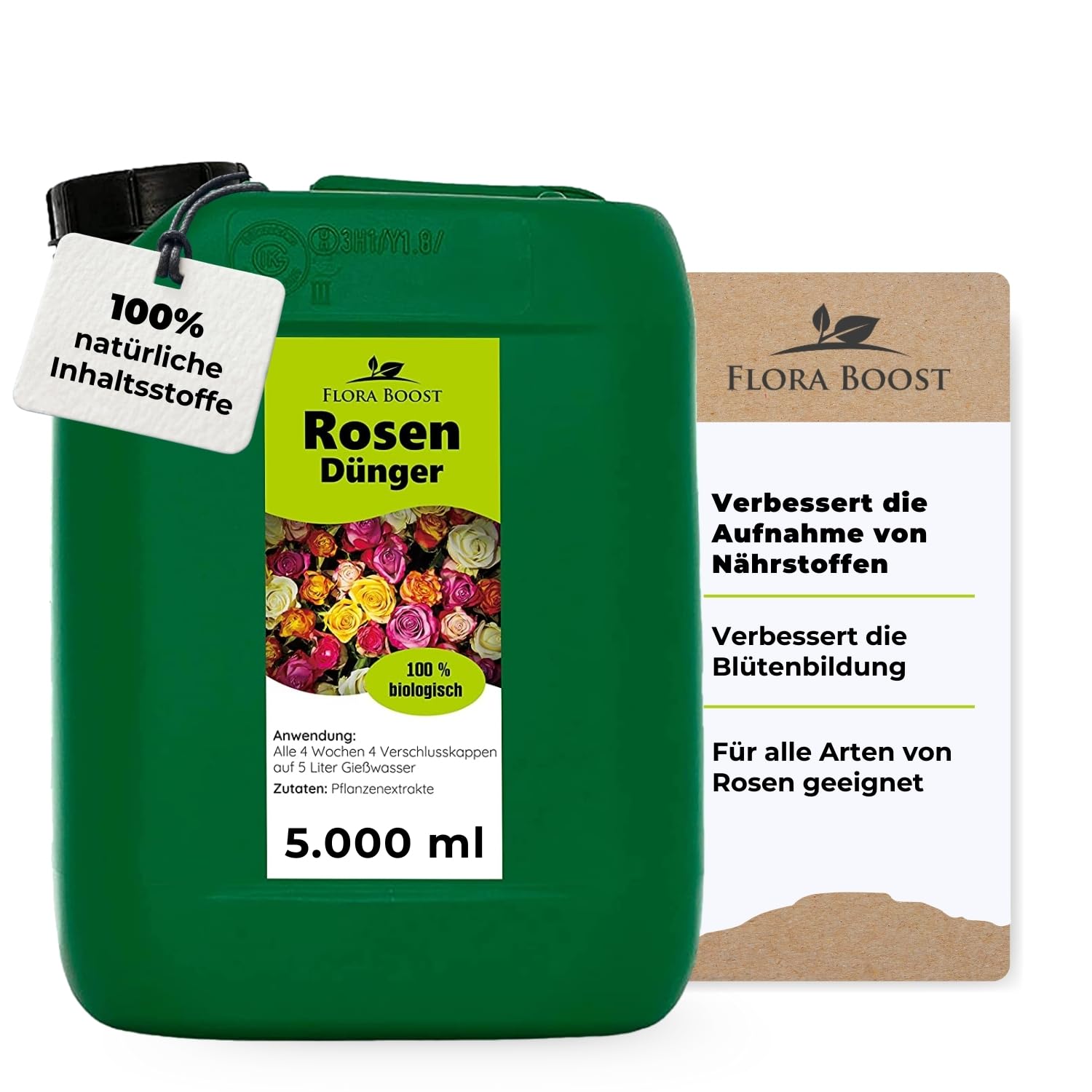 Konfitee Rosen Dünger Flora Boost 5000ml I Für bis zu 1000L Gießwasser I Langzeitdünger für alle Arten von Rosen geeignet I Flüssiger Blatt- & Wurzeldünger I 100% natürlicher Pflanzendünger