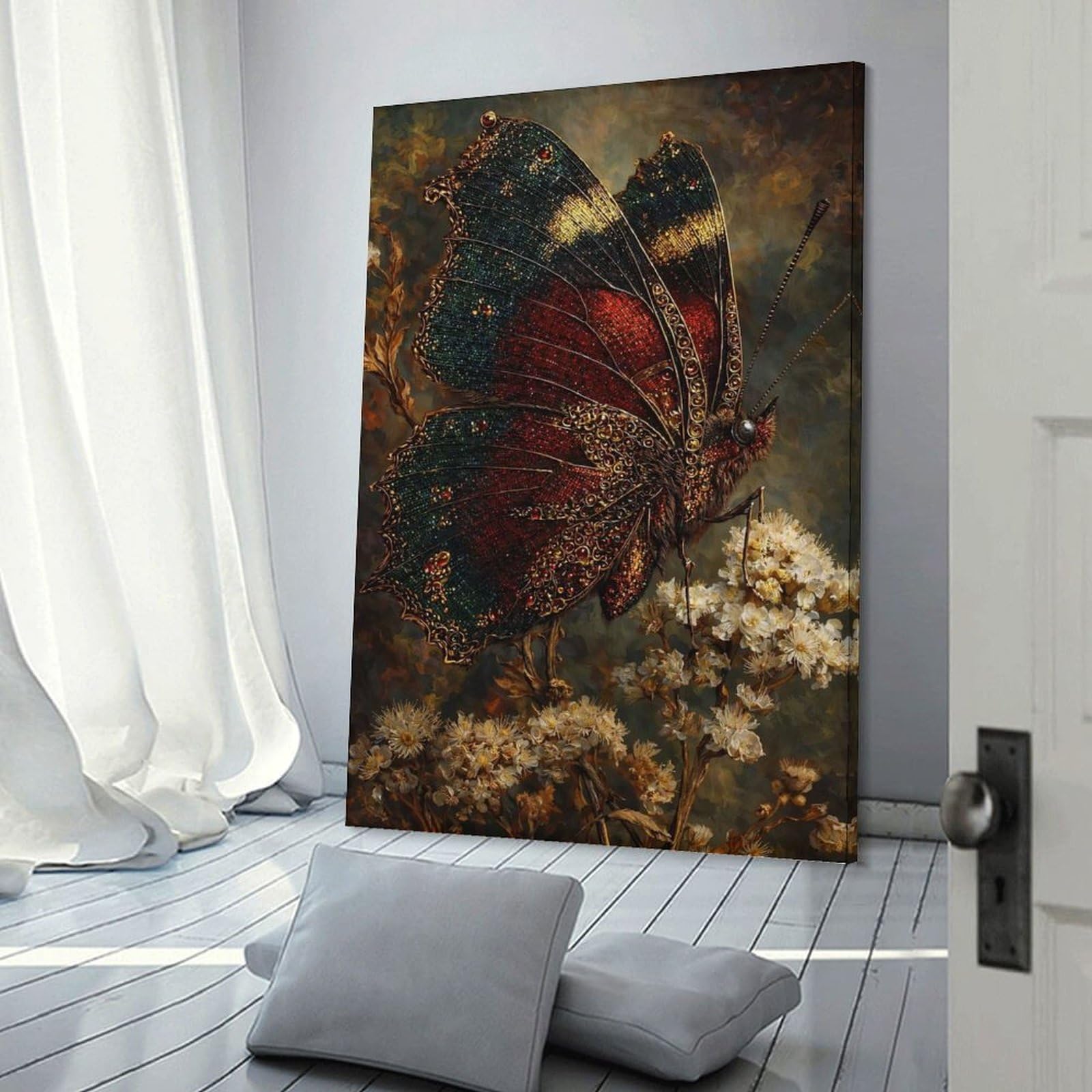 Junmoney Decorative Wall Artwork Ornate Butterfly on Flowers, 12x18inch(30x45cm), for Lounge, Bedroom Or Personal Spaces, Gift Idea for Housewarming And Birthdays