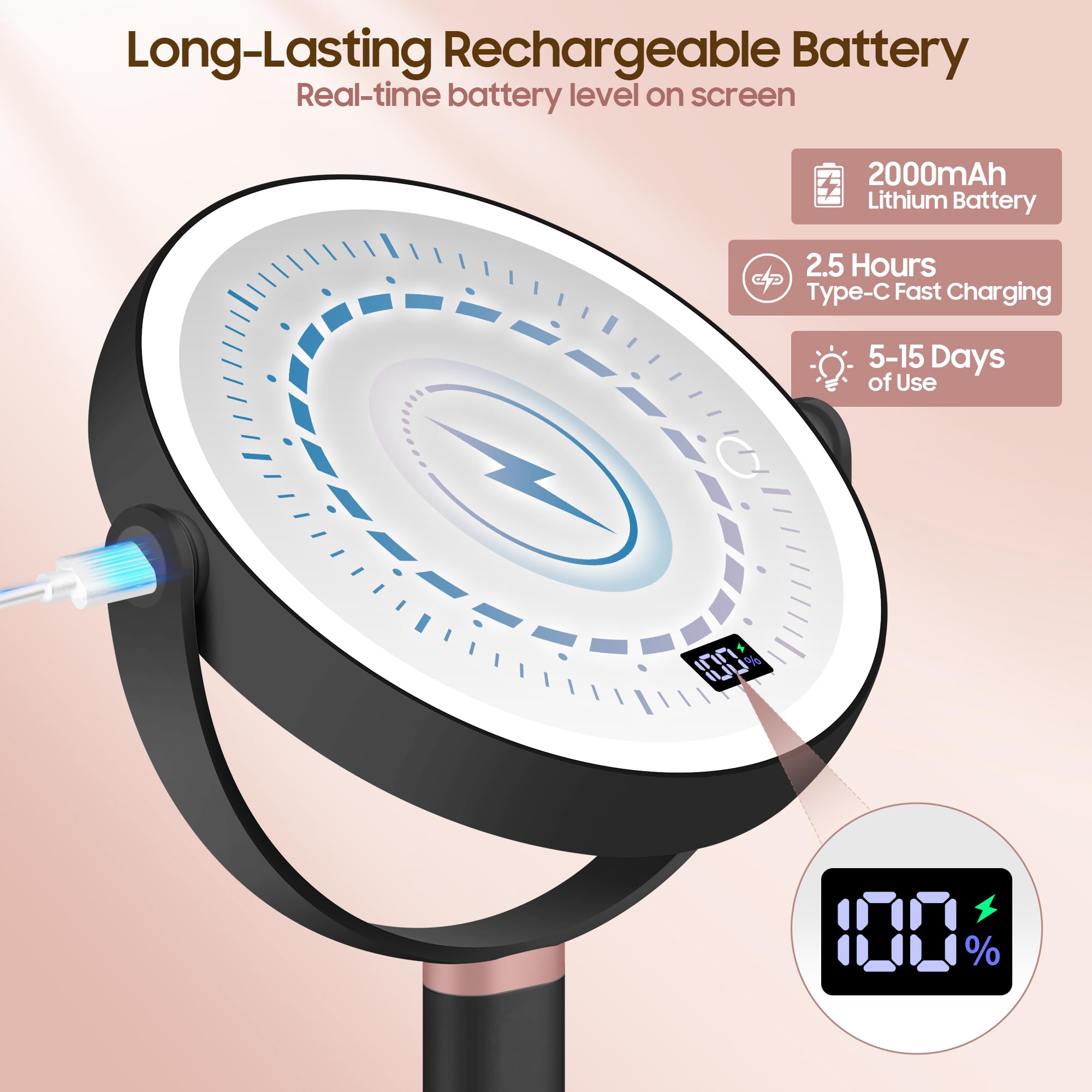 GOMIPURU Espejo de maquillaje iluminado con aumento de 30X/1X, espejo de aumento True HD con 3 luces regulables de color, altura ajustable, giro de 360°, doble cara, negro