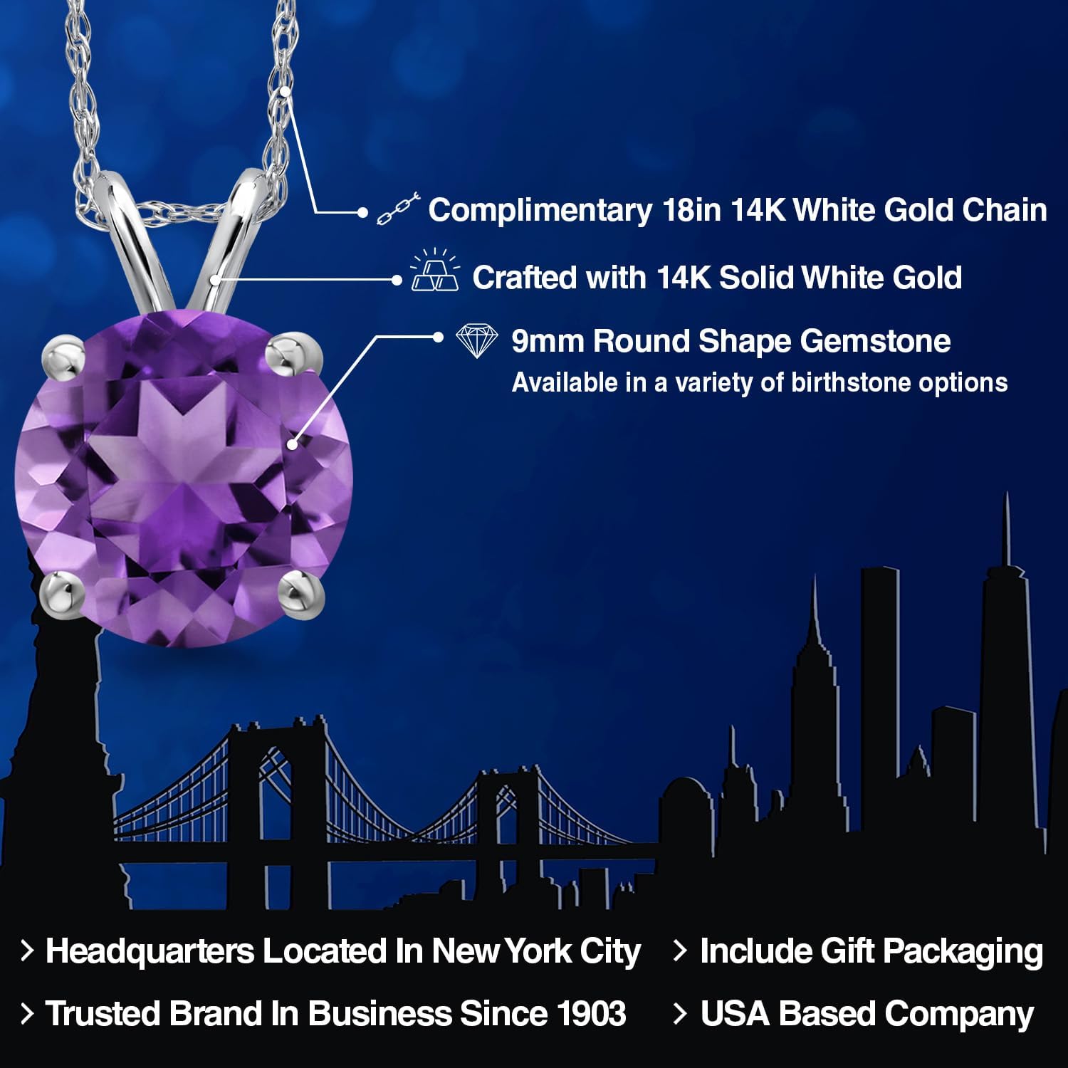 Gem Stone King 14K White Gold Purple Amethyst Pendant Necklace for Women | 2.10 Cttw | Gemstone February Birthstone | Round 9MM | With 18 Inch Chain - Image 2