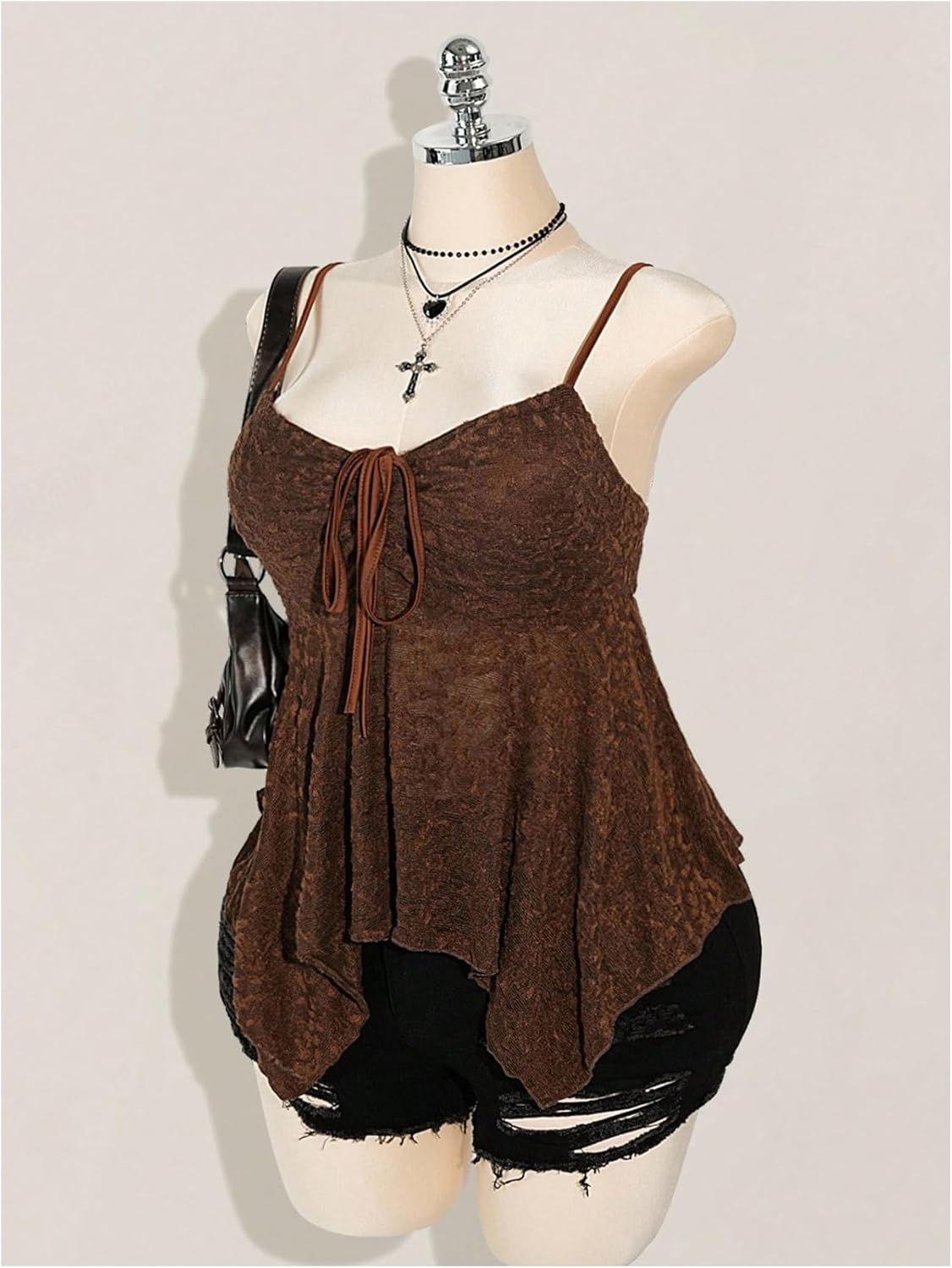 Women's Plus Size Textured Camisole Sleeveless Tie Front Ruched Ruffle Peplum Babydoll Cami Top - Image 2