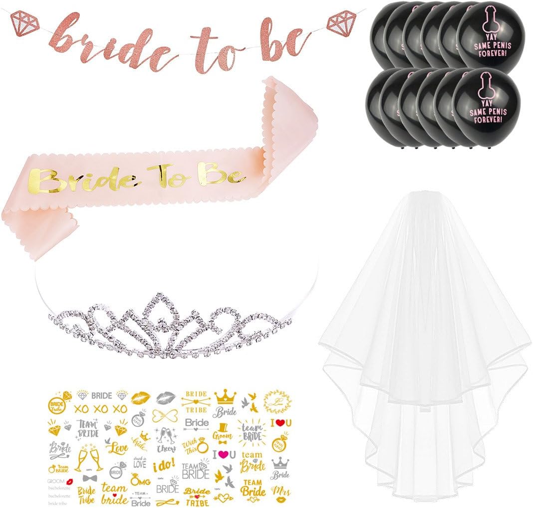 Rose Gold Bachelorette Party Supplies Decorations Kit -Bridal Shower Supplies - Bachelorette Sash, Bachelorette Veil, Tattoos, Balloons, Bride to Be Banner, Rhinestone Tiara