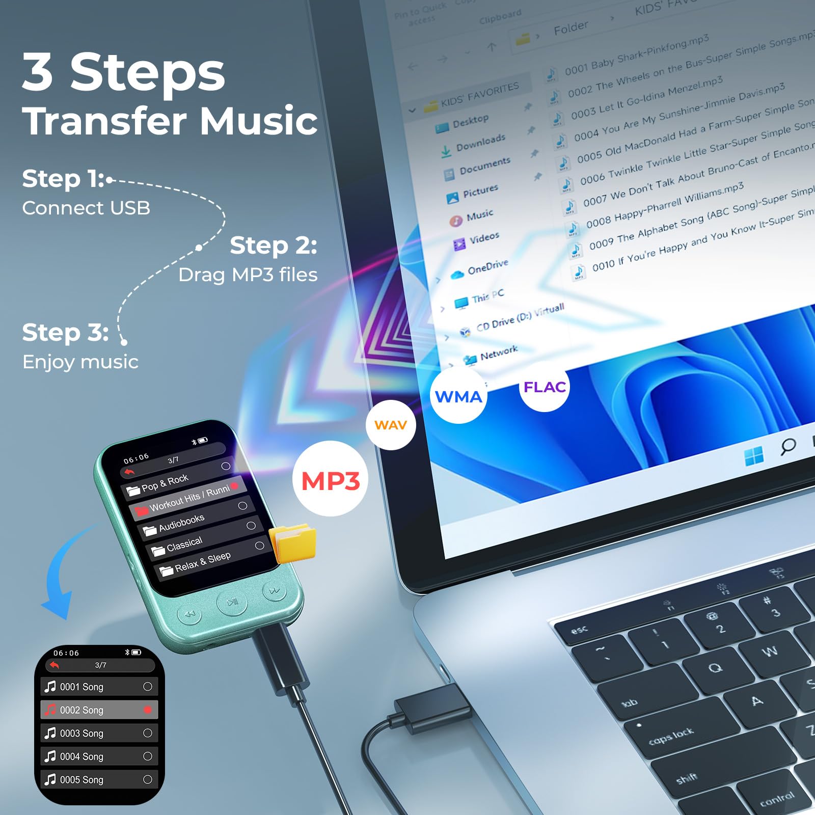 Lettore MP3 64GB Bluetooth 5.3 con Clip, Touchscreen & Tasti, Altoparlante | Musica senza smartphone · Solo 37g · Facile da usare · Audiolibri & apprendimento · Timer di spegnimento
