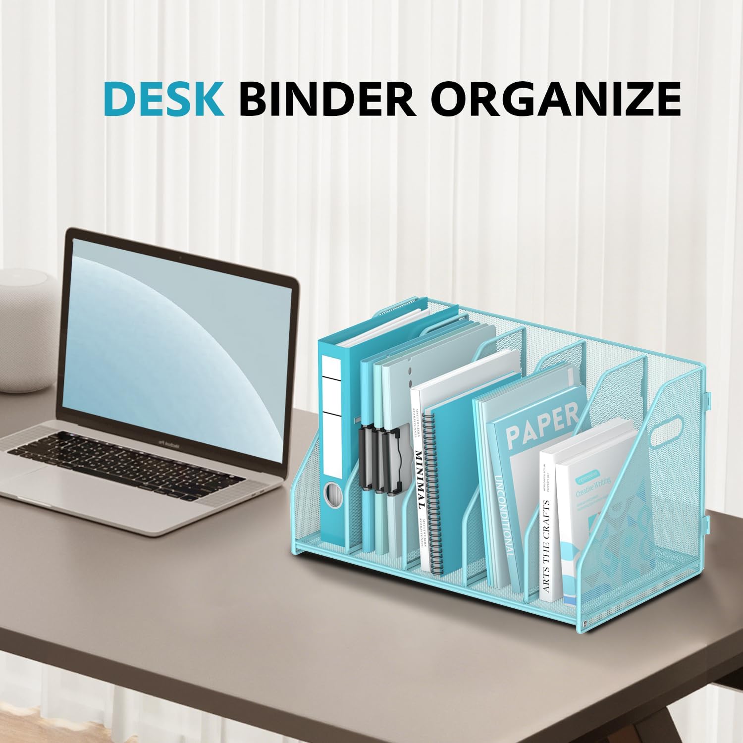 SUPEASY Binder Organizer, Magazine File Holder with 5 Vertical Compartments Rack, Metal Desk File Organizer & Binder Holders, Magazine Organizers for Office Desktop, Home, School (Blue)