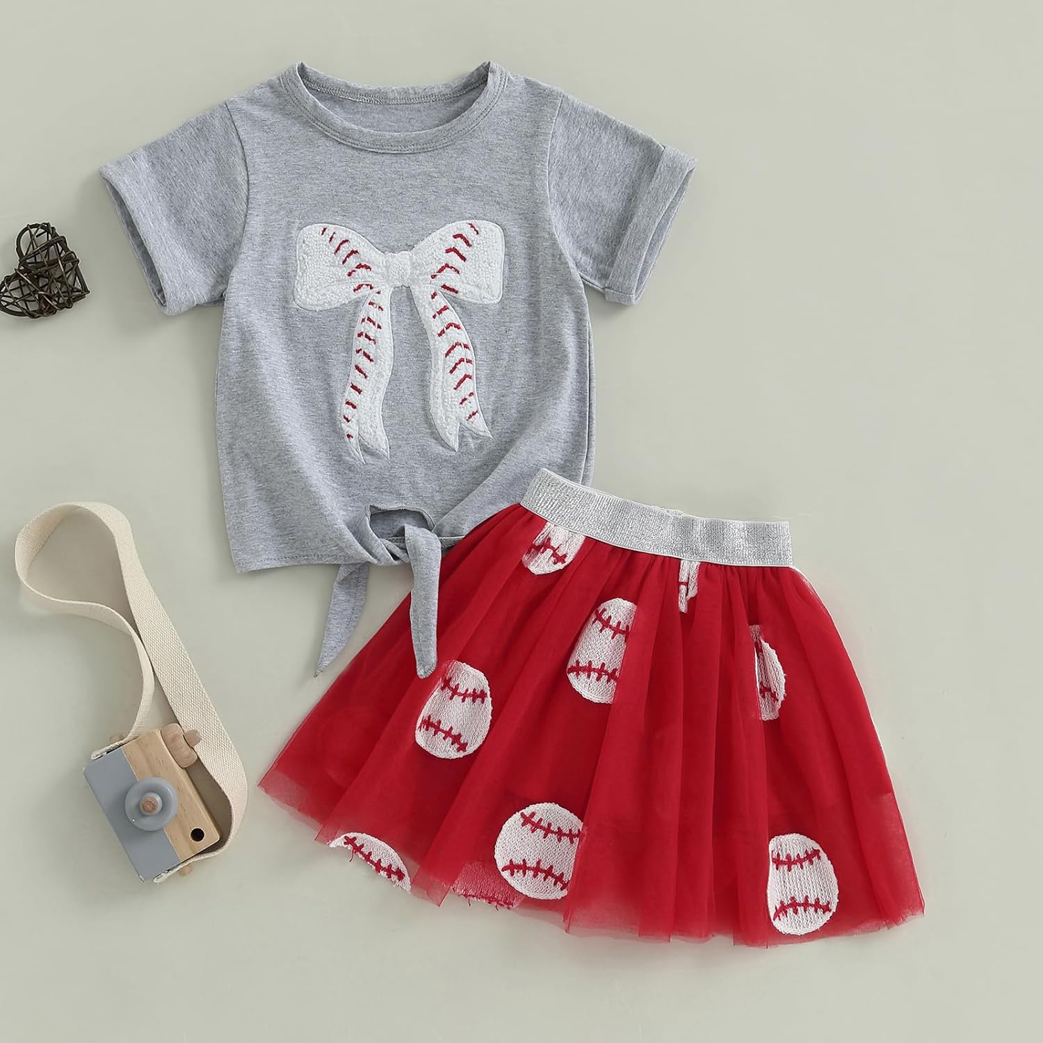 Kayotuas Toddler Girl Summer Clothes Baseball Outfit Fuzzy Baseball/Football Bow Embroidery T-shirt Tulle Skirt 2 Piece Sets - Image 3