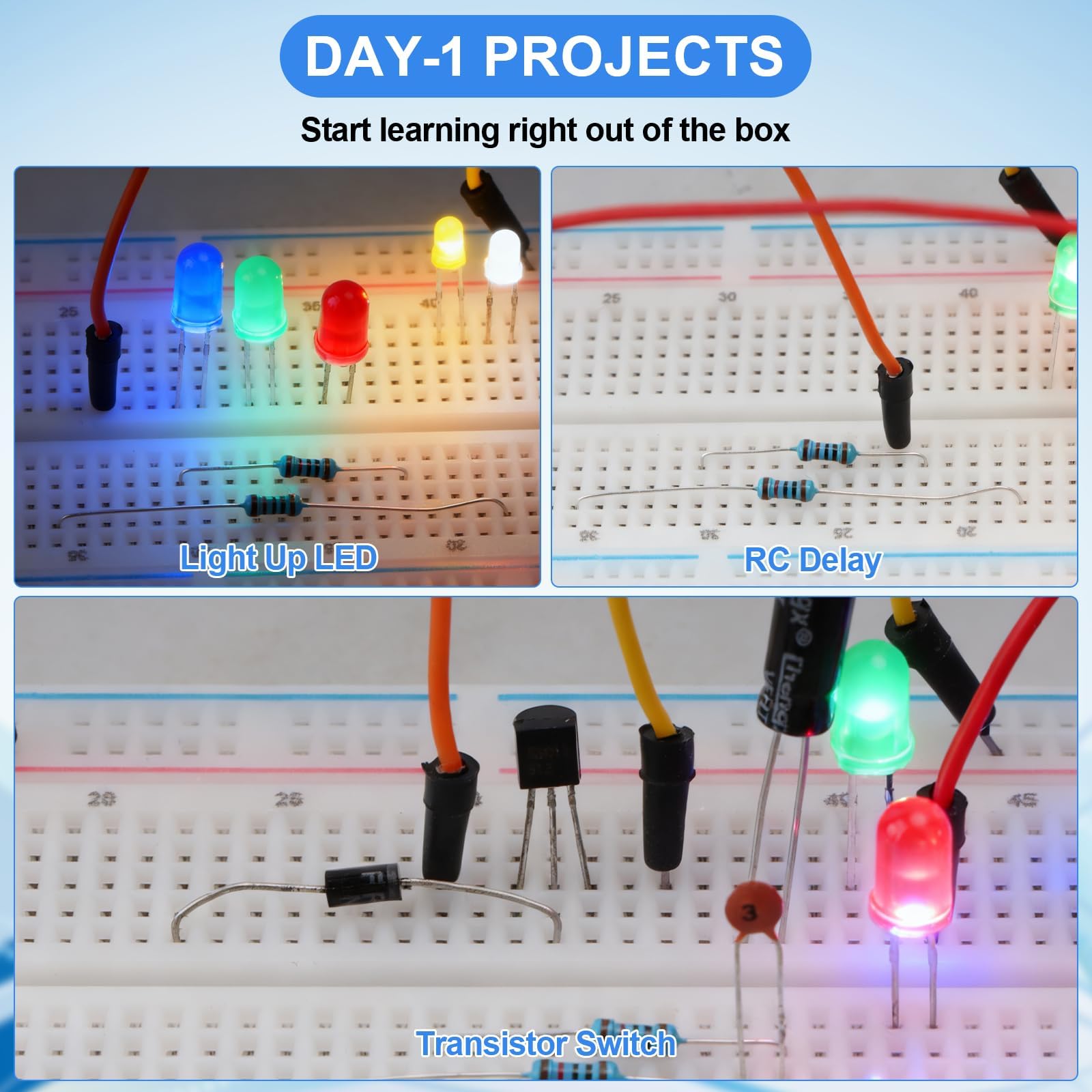1530 Stück Elektronik Bauteile Kit 9 Arten mit Metallschichtwiderstand,kondensator,Diode,LED Leuchtdioden,Transistor,Dupont Wires,Jumperkabel und Steckbrett, Für UNO R3