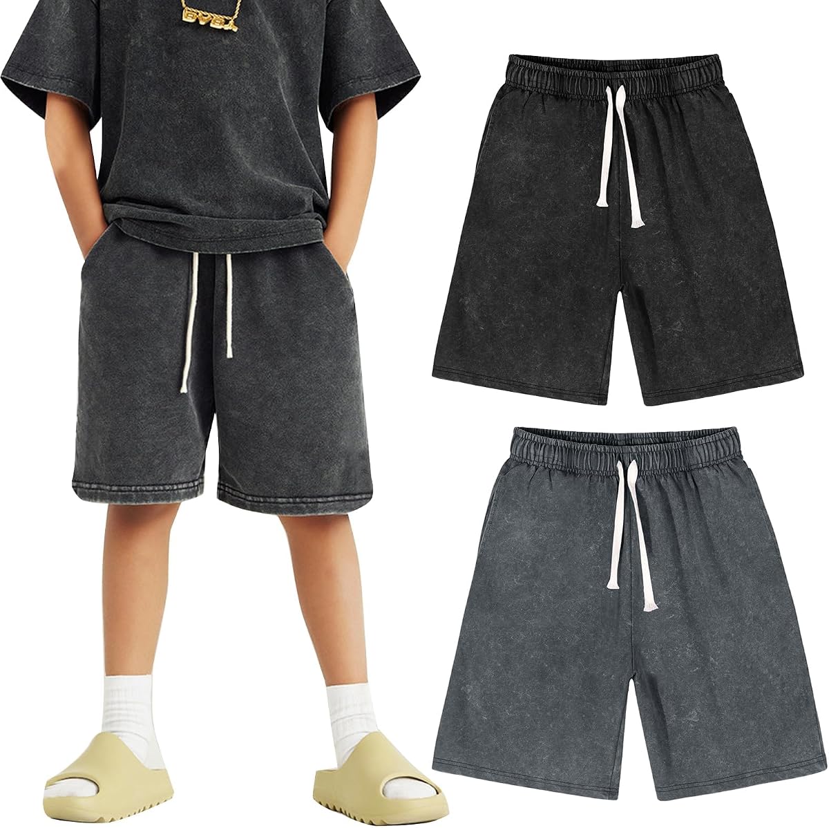 Flygo Pantalones cortos de algodón para niños y niñas, lavados con ácido, pantalones cortos para correr, pantalones cortos deportivos informales para niños de 5 a 16 años