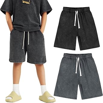 Flygo Boys Girls Cotton Shorts Acid Washed Active Pull On Jogger Shorts Kids Casual Athletic Loose Fit 5-16Y