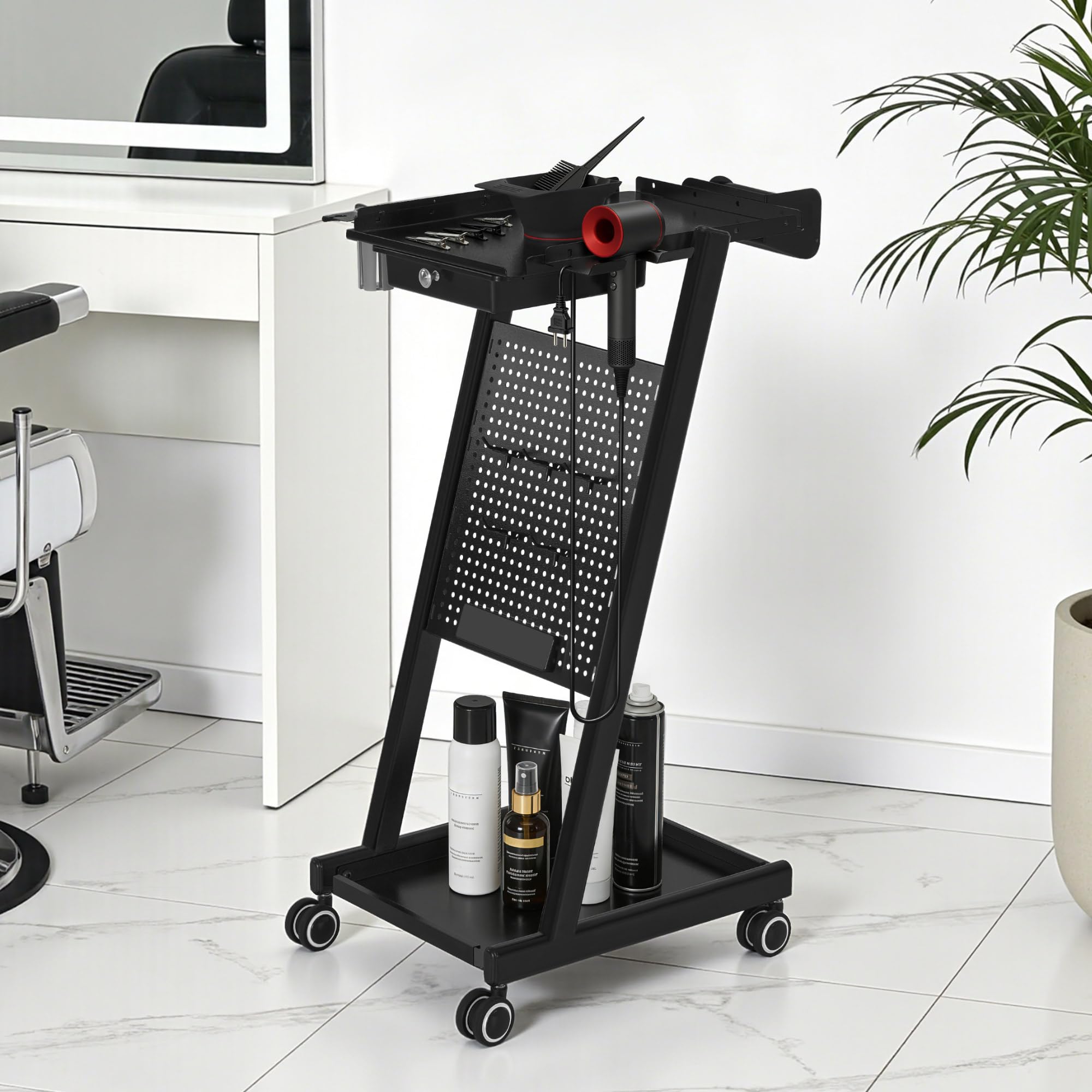 BarberPub Friseurwagen mit Schublade & 2 Ablagen, Friseur Arbeitswagen, Beauty Salon Trolley Metall, Rollwagen 47x39x94cm Schwarz