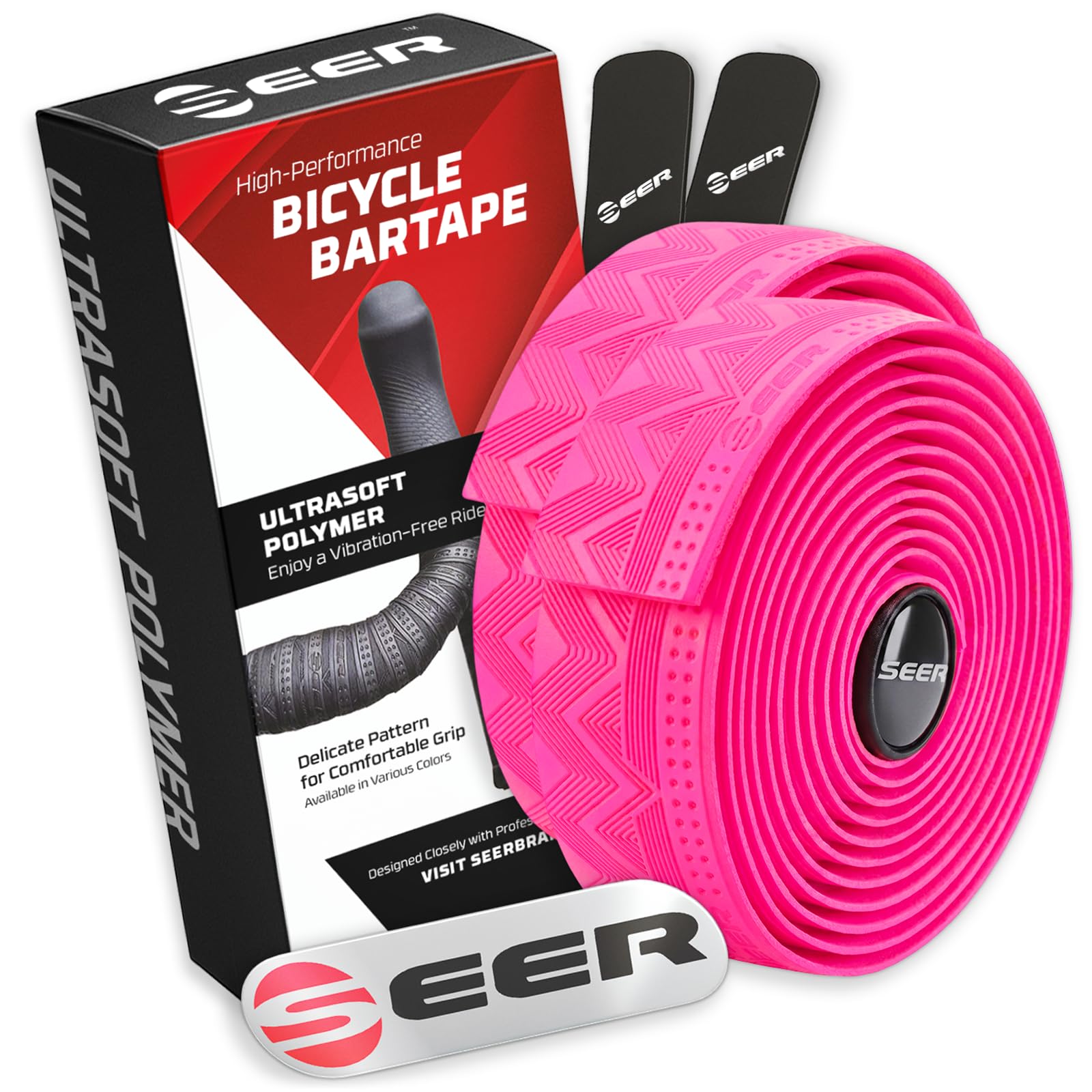 SEER Bike Bar Tape – New Ultra-Soft Polymer Handlebar Tape for Road & Gravel Bikes, Comfortable Anti-Vibration Cycling Tape, Complete Kit with 2 Rolls, End Plugs & Finish Strips (Pink)
