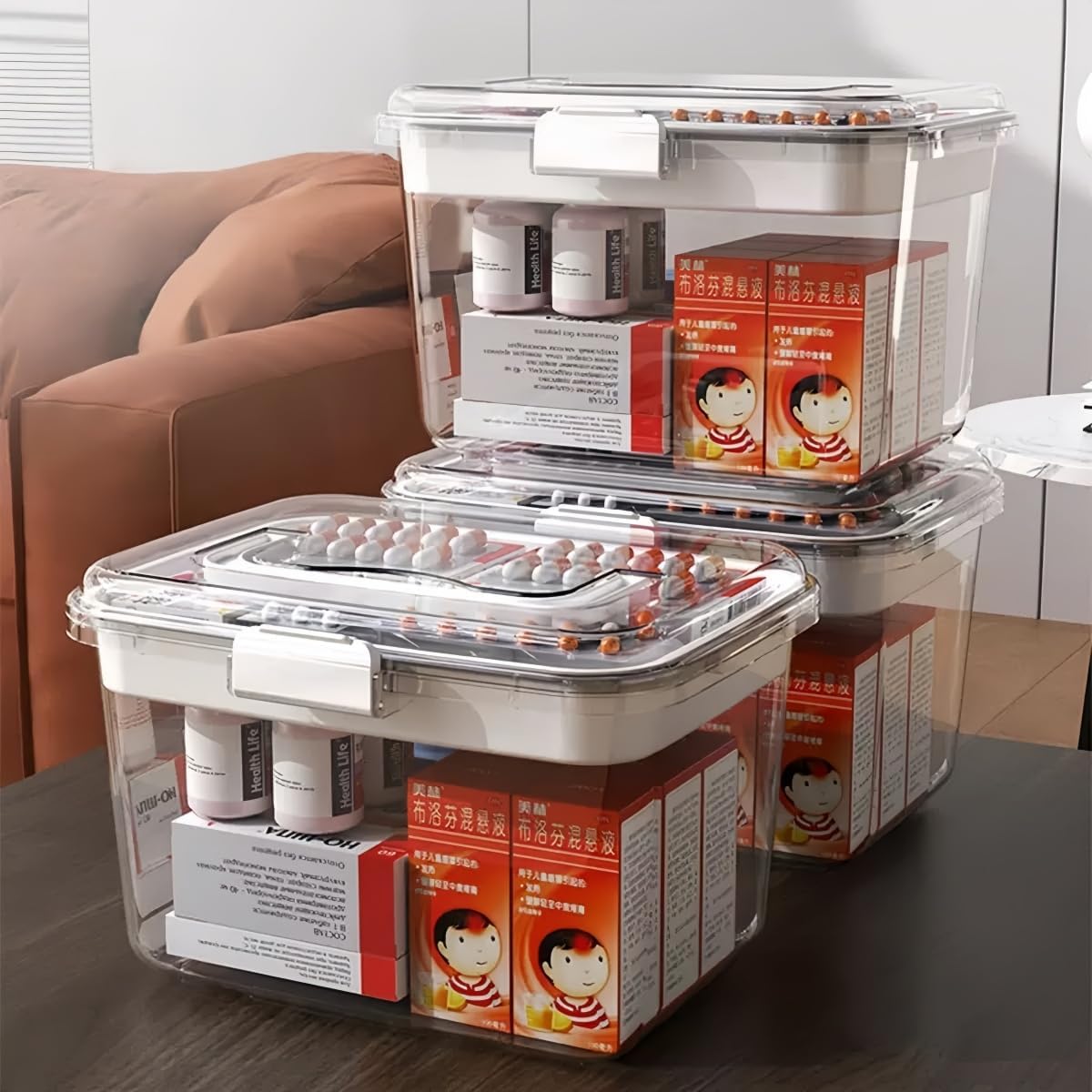 Clear Medicine Organizer Box, Portable Double Layer Medicine Organizer Box with Detachable Divided Tray, Clear Medicine Box for Family, Travel, Office & Dorm First Aid Medication Storage(M)