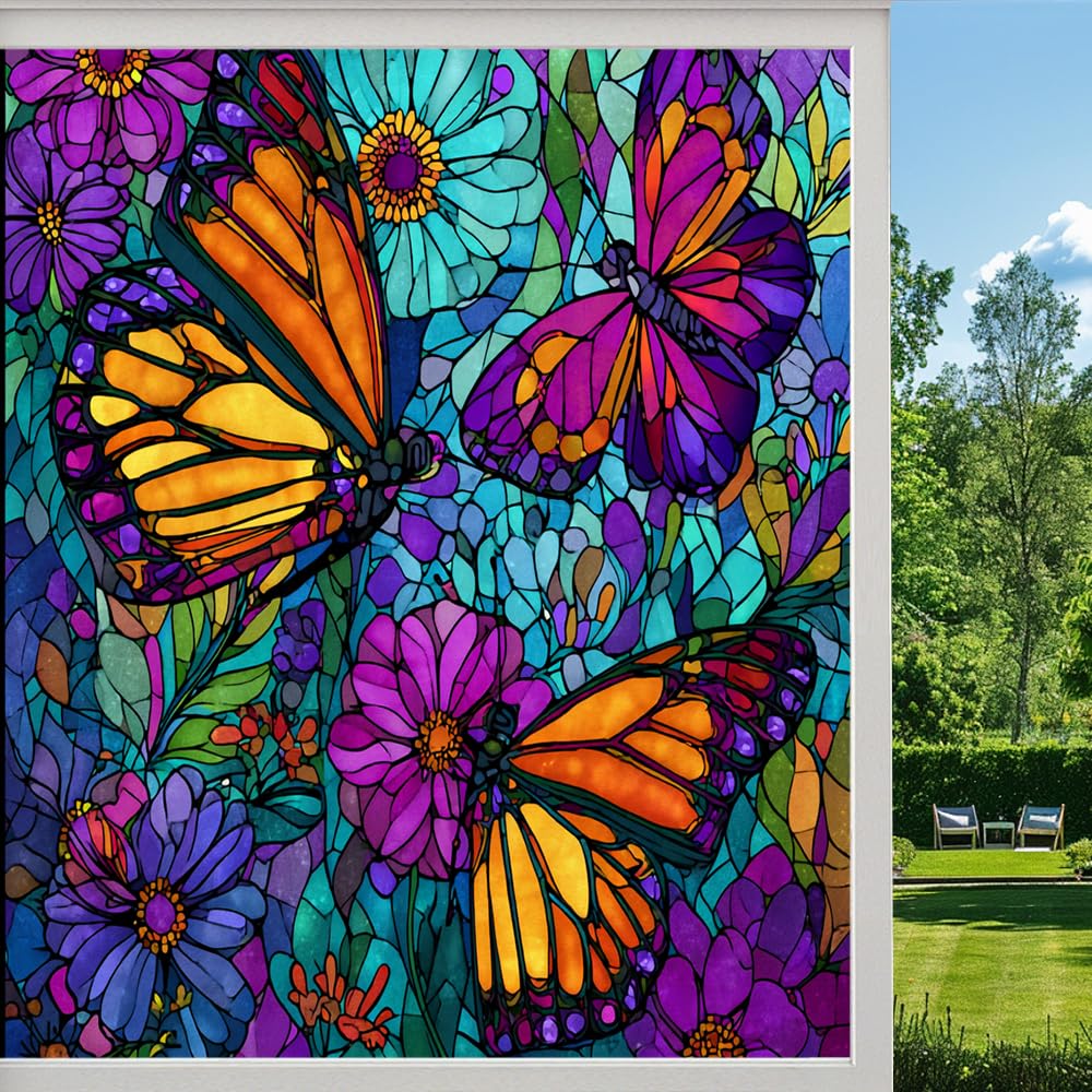 Colorful Butterfly Privacy Window Film, Beautiful Floral Scene Frosted Self-Adhesive Vinyl Cling for Glass Doors Bathroom Windows Sun Blocking Heat Control, （80x140cm）