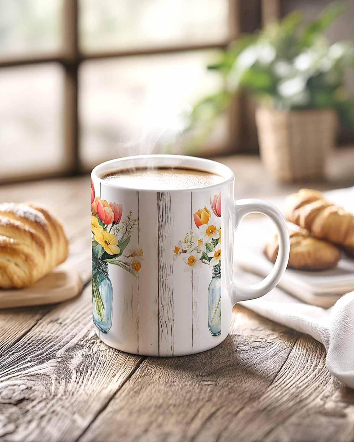 BEMIGO Ceramic Coffee Mug Spring Flower Vase Ceramic Mug White Cup, Vintage Wood Grain Insulated Coffee Cup with Handle with Pattern Perfect for Tea and Hot Beverages, 12oz