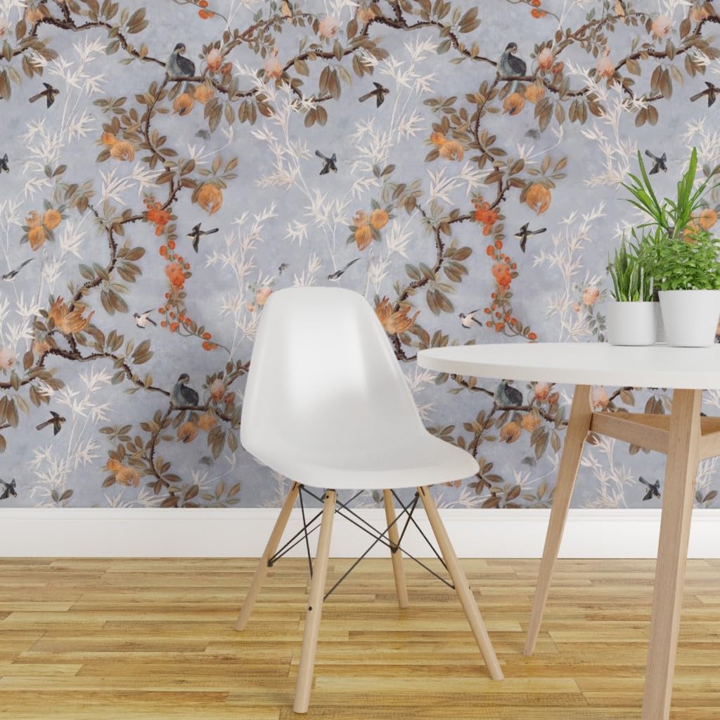 Spoonflower Removable Wallpaper 12ft x 2ft - Chinoiserie Vintage Dusty Blue Sky Floral Birds Chinese Antique Custom Pre-Pasted Wallpaper