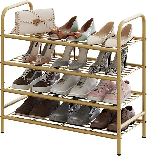 Huhote Zapatero de metal de 4 niveles de malla de hierro dorado organizador de zapatos independiente estante de almacenamiento, estante de