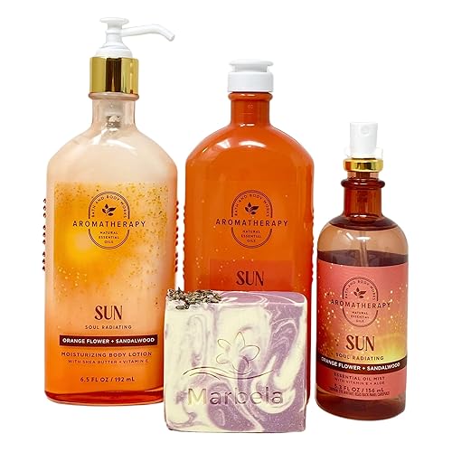 Miniatura 1 de Bath & Body Works Aromaterapia SUN - Juego de regalo de 3 piezas con flor de naranja + sándalo, loción corporal, gel de baño de espuma, niebla de