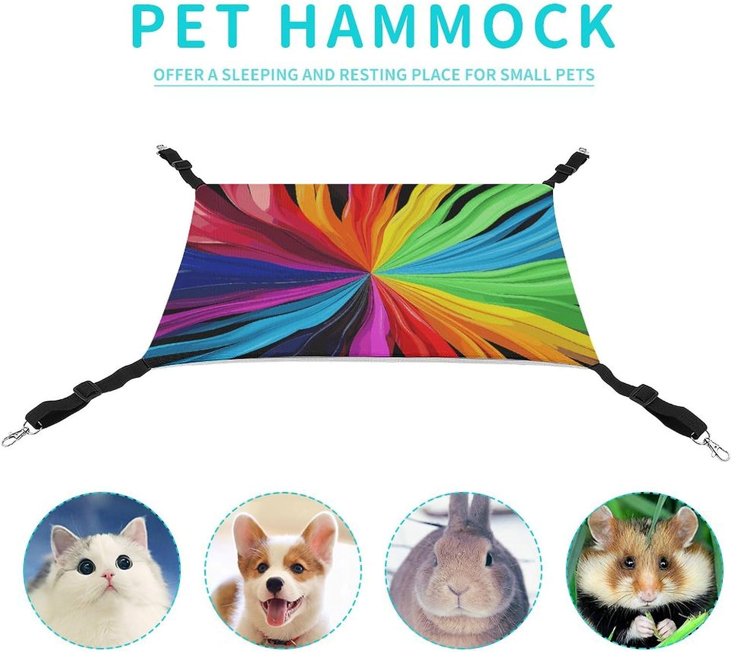 review Hanging Pet Hammock, Rainbow Colours Printed Soft Breathable Pet Hammock with Adjustable Straps and Metal Hooks for Cats Small Dogs Rabbits Sugar Gliders