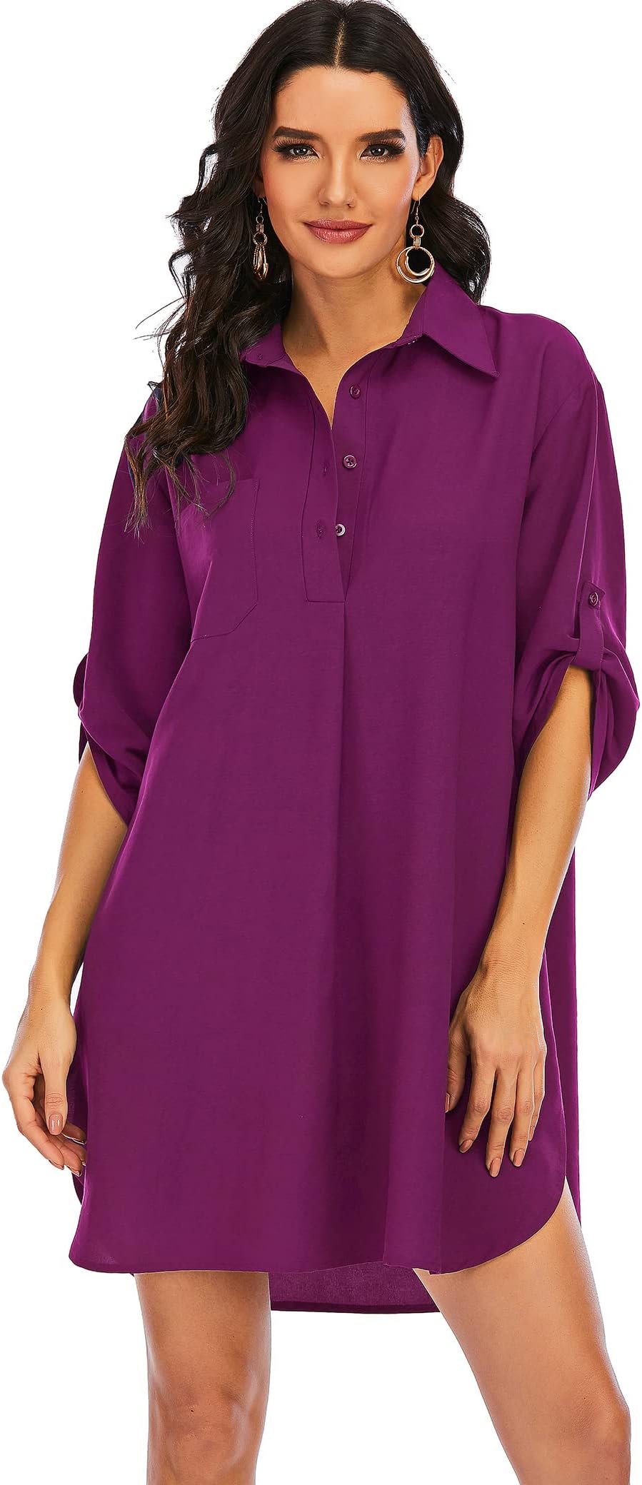 Women's Casual Half Sleeve Button Down Shirt Dress V Neck Tunic Blouses Tops with Pockets