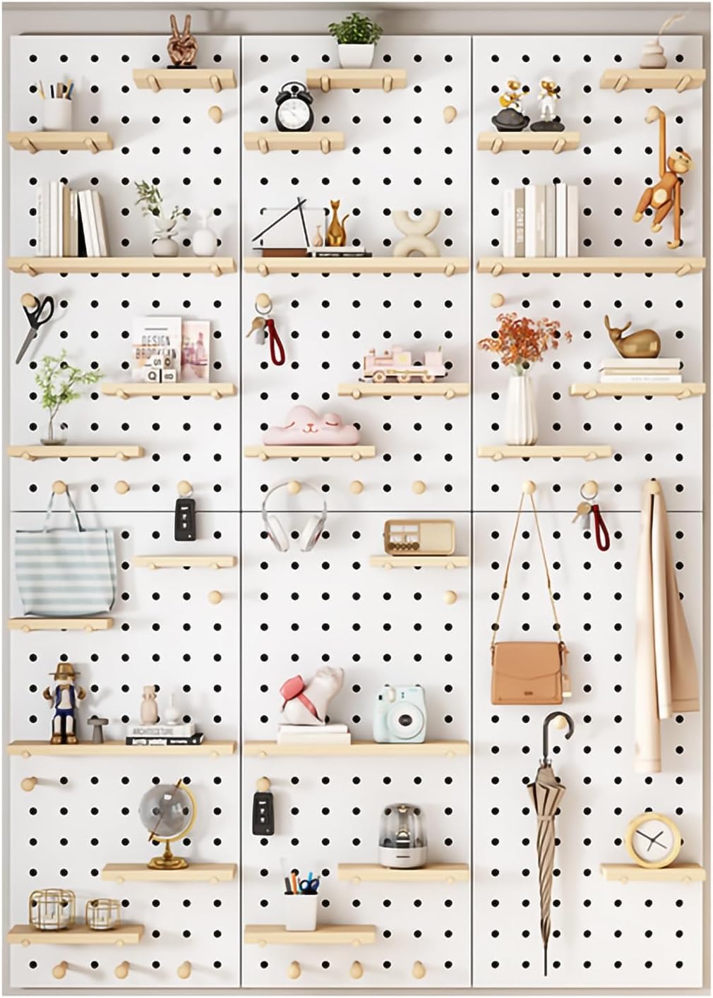 Wooden Wall Organizer Kit, Versatile Display Panel for Bedroom, Office, Bathroom, Wall-Mounted Storage Solutions (Natural Finish, 60x80CM)