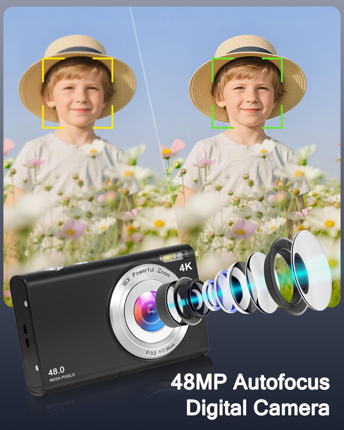 4K HD Cámara Digital 48MP Autofocus Cámara de Fotos con Tarjeta SD de 32 GB, Cámara Compacta Zoom 18X y 2 Baterías, Recargable Compacta Portátil Cámara para Principiantes