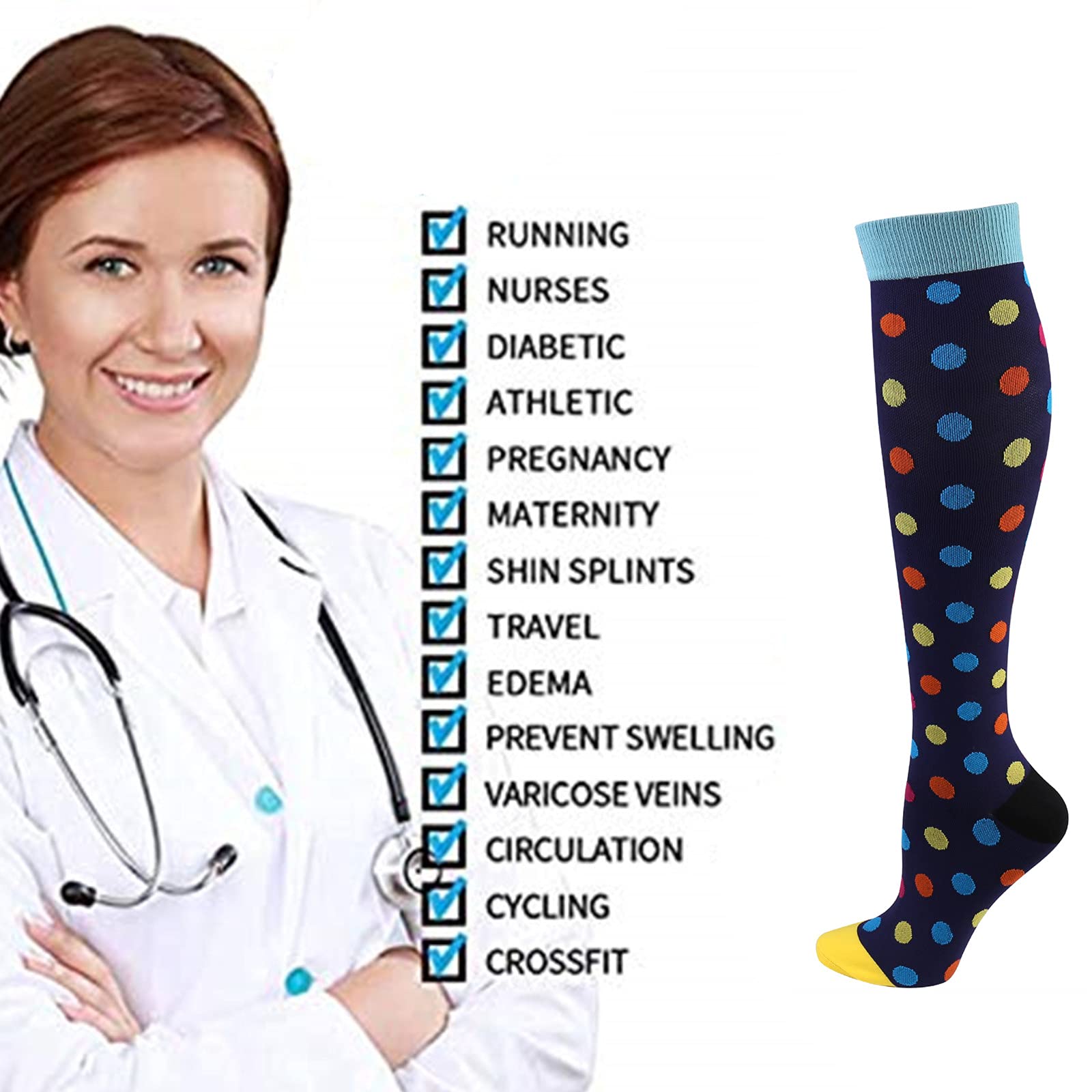 5 paires de chaussettes de compression 20-30 mmHg pour hommes/femmes infirmi¨¨re de r¨¦cup¨¦ration course maternit¨¦ grossesse vol voyage m¨¦dical sant¨¦ sport