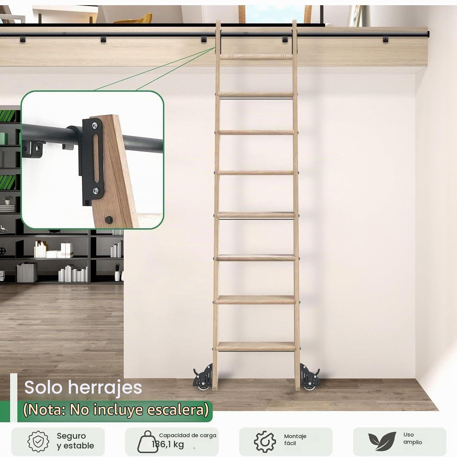 Gancho telescópico en hardware de escalera de biblioteca deslizante, incluye rueda inferior con freno, carga máxima 300 libras,100CM Track Kit