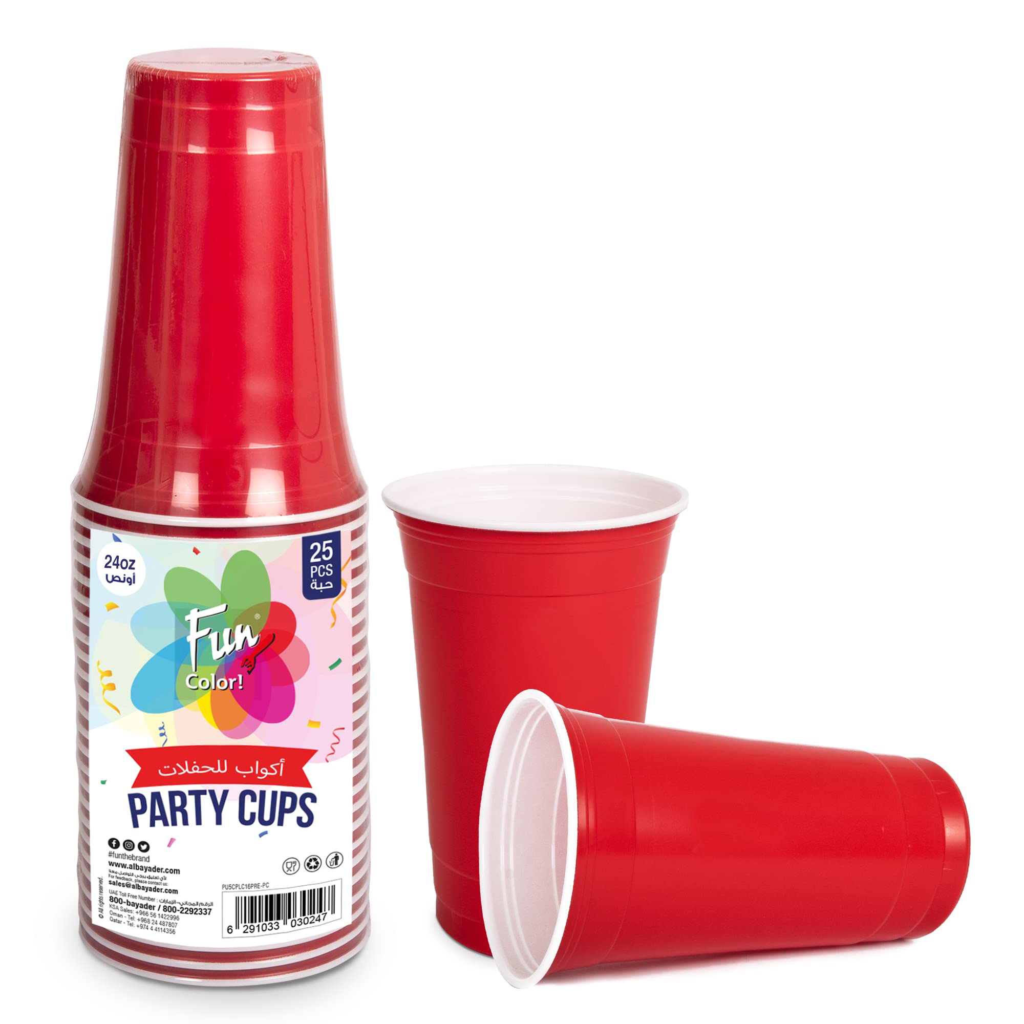 FUN BY AL BAYADER فن Plastic Party Cups 24oz - Red Plastic Cups Sturdy Red Plastic Party Cups Birthday Party Cups for All Occasions,710ml Cups - 25pieces