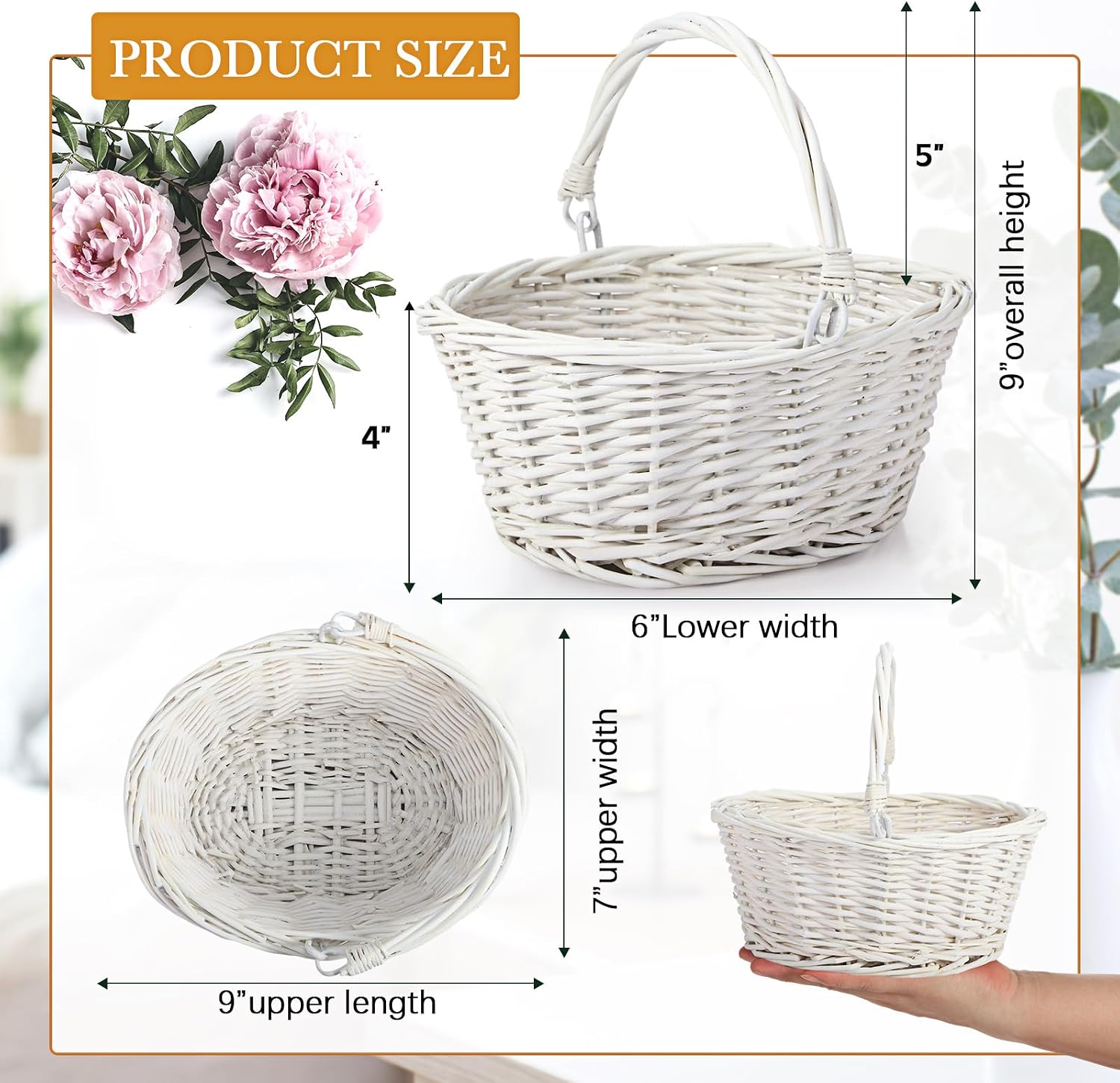 barydat small wicker basket with handle flower girl baskets oval willow woven braided gift basket for weddings picnic baby shower home garden decor(6 pcs,white,9\" x 7\" x 4\") 6 white 9\" x 7\" x 4\"