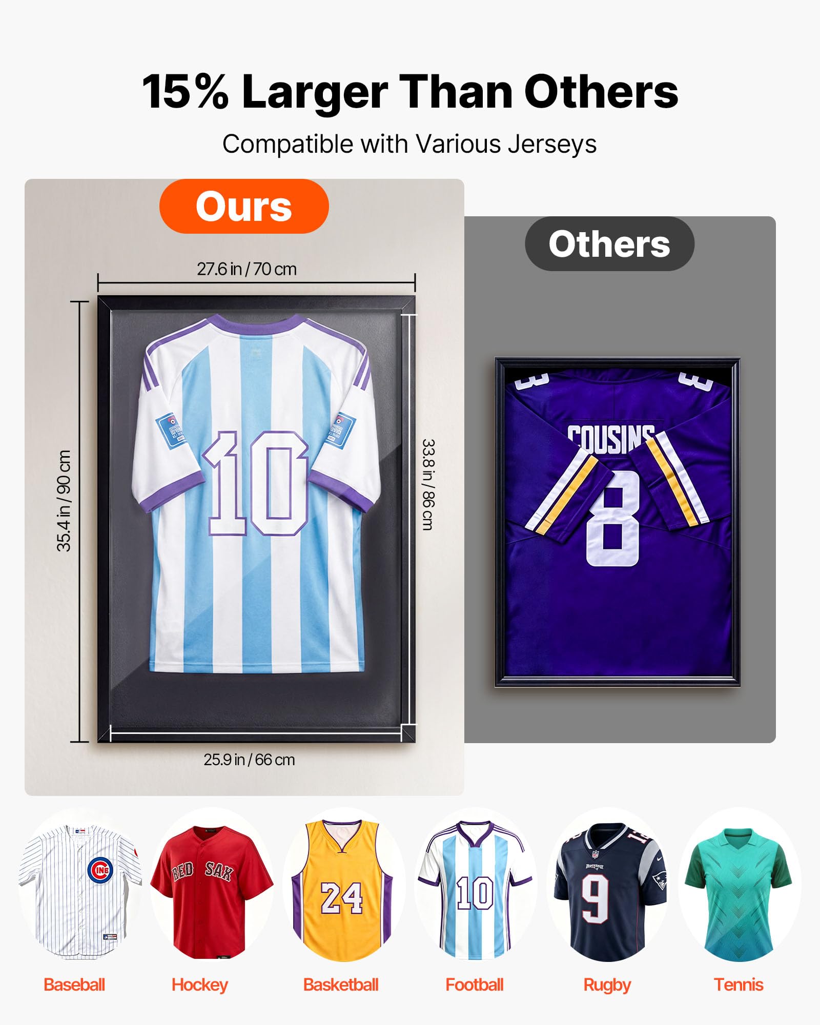 VEVOR Marco de Camisetas de Madera 70 x 90 x 3 cm, Vitrina para Camisetas Deportivas con Panel de Policarbonato con Protección UV, Expositor para Uniformes de Baloncesto, Fútbol, Béisbol, Negro