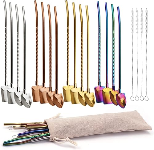 16 cucharas de pala de metal con 4 cepillos de limpieza, pajita reutilizable de 8.9 pulgadas de largo mango cuchara de acero inoxidable para mezclar