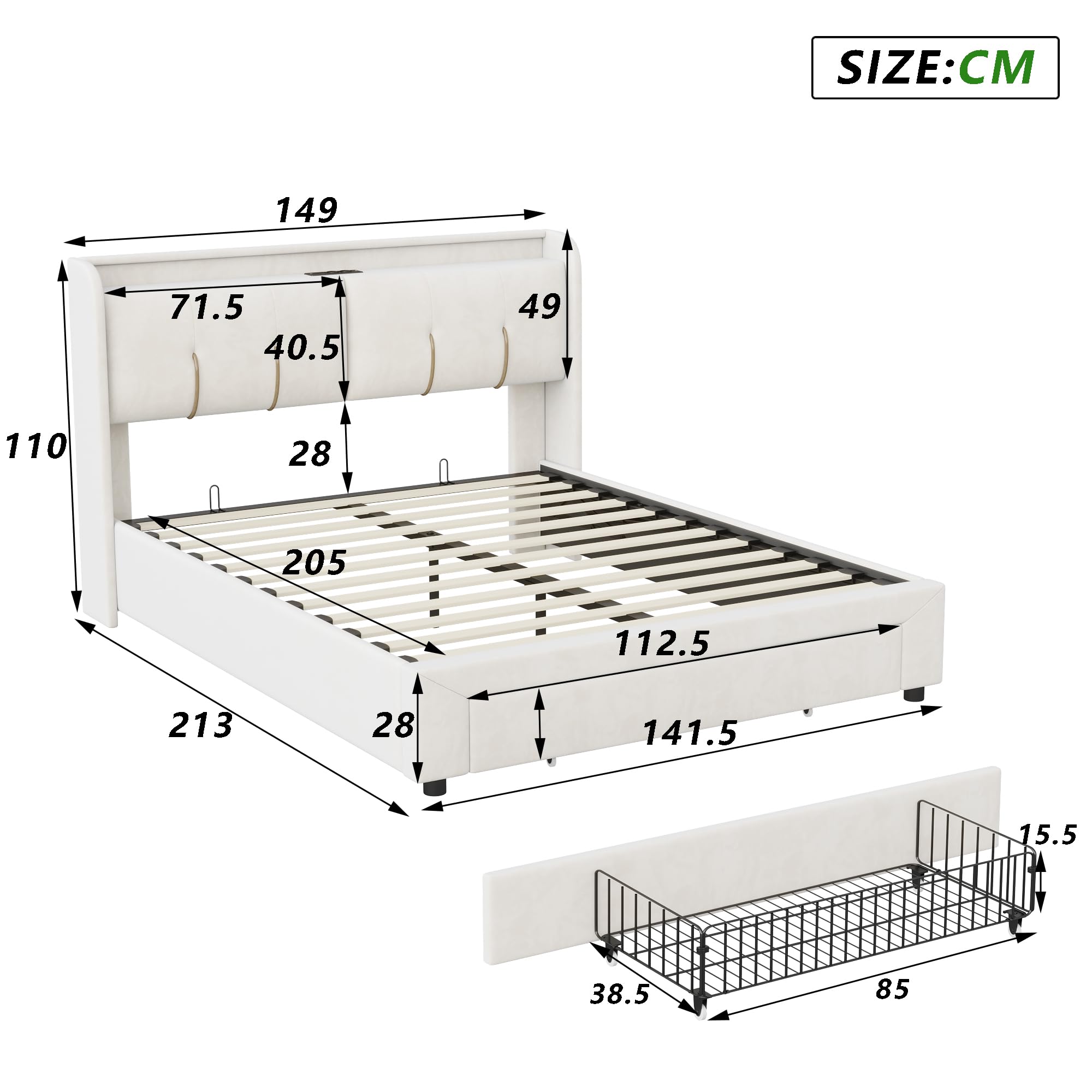 Polsterbett 140x200 cm,Led Bett mit Stauraum Schublade,Doppelbett, LED Kopfteil mit USB Ladefunktion, Rückenlehne Bed mit Stauraum und Lattenrost, Stauraumbett, Samt, Ohne Matratze