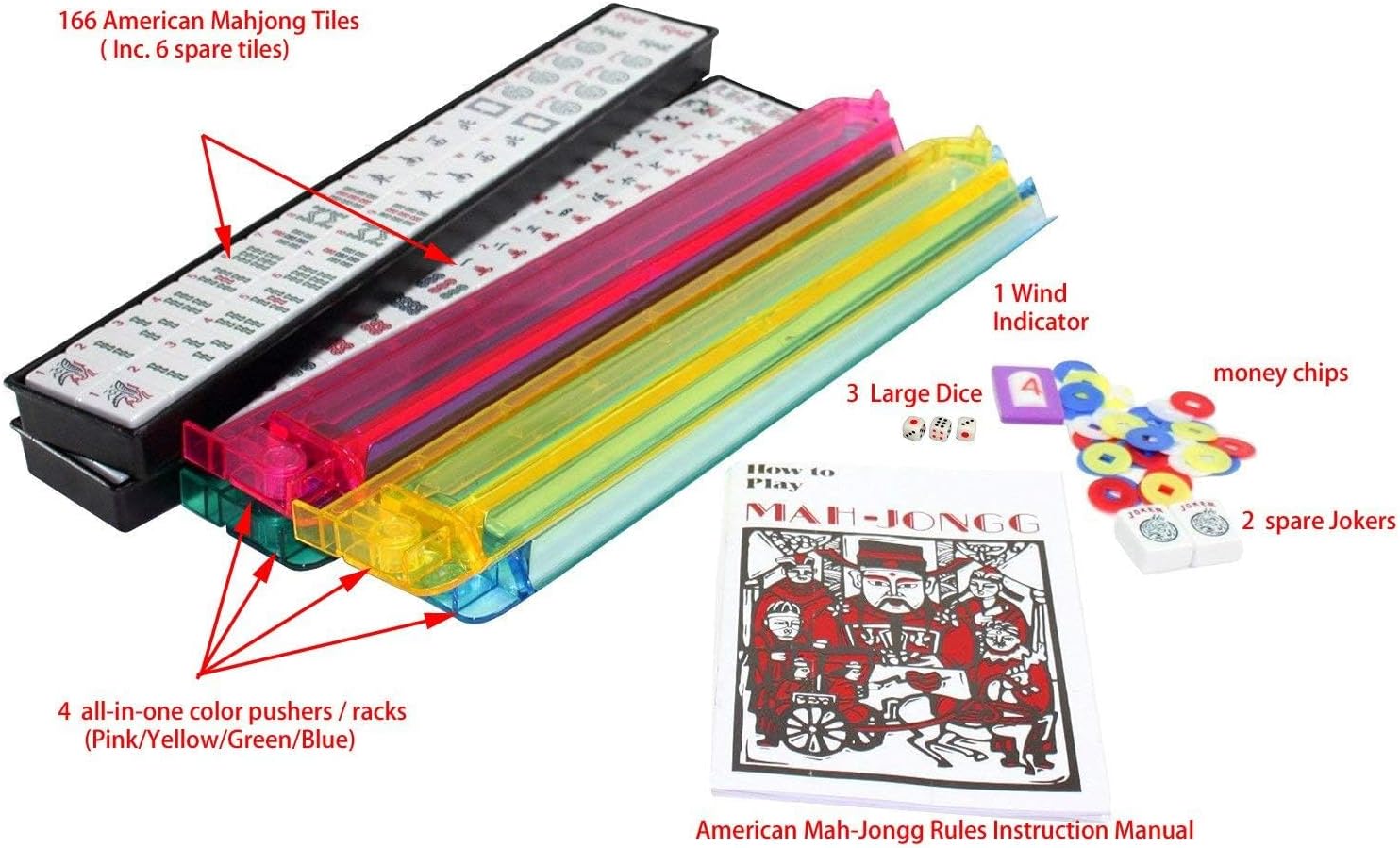 Complete American Mahjong Game Set, 166 Tiles, 4 All in One Pusher Racks, Chips,Wind Indicator Soft Blue Flower Bag