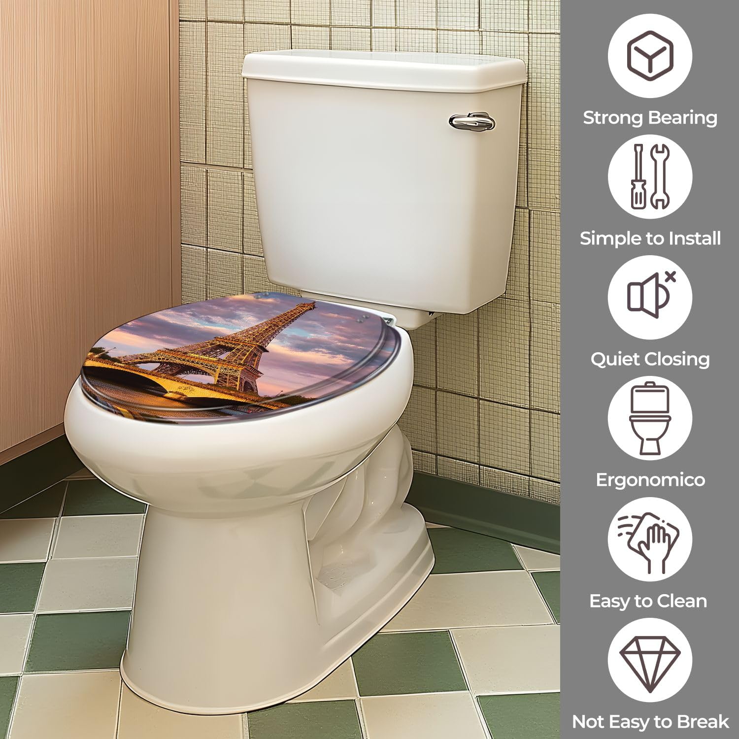Asiento de inodoro redondo de resina de colores con bisagras de liberación rápida para baño.