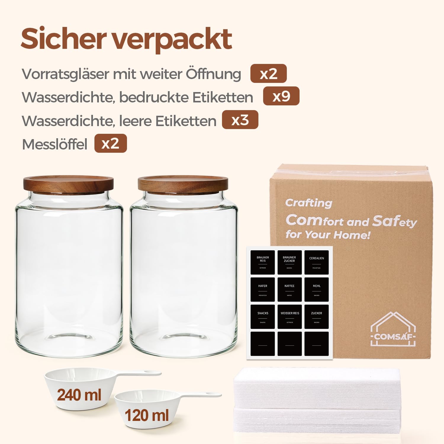 ComSaf Vorratsgläser mit Deckel, Glasbehälter, Vorratsdosen Glas 3,9 L × 2, Zylindrisch Borosilikatglas, Akazienholzdeckel Luftdicht mit Messlöffel & Etiketten für Mehl, Cornflakes, Müsli, Keks