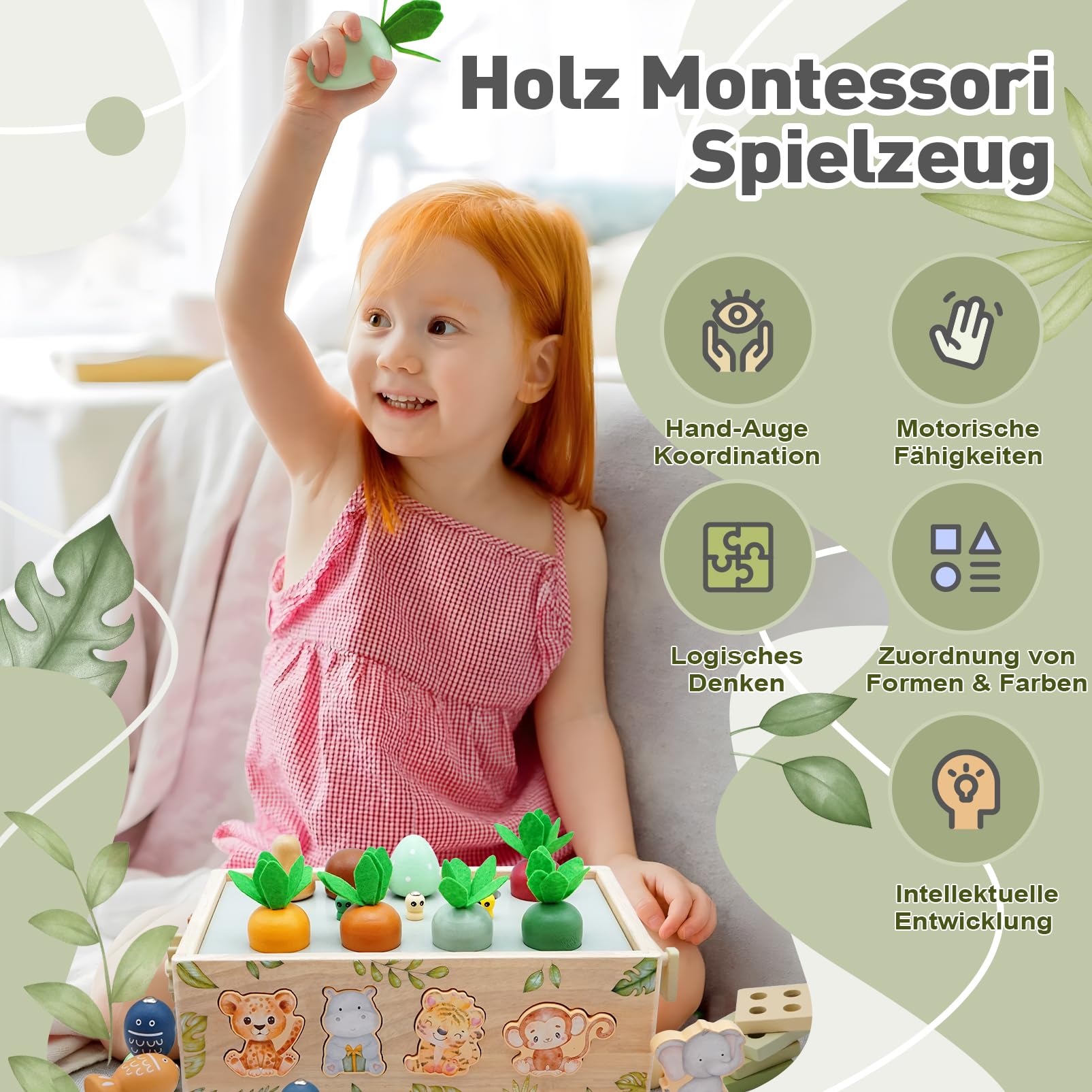 Montessori Zabawka dla Dzieci 1+ Lat, Drewniana Kostka Motoryczna 9 w 1, Safari, Zabawka Motoryczna, Prezent dla Dzieci 1-4 Lat