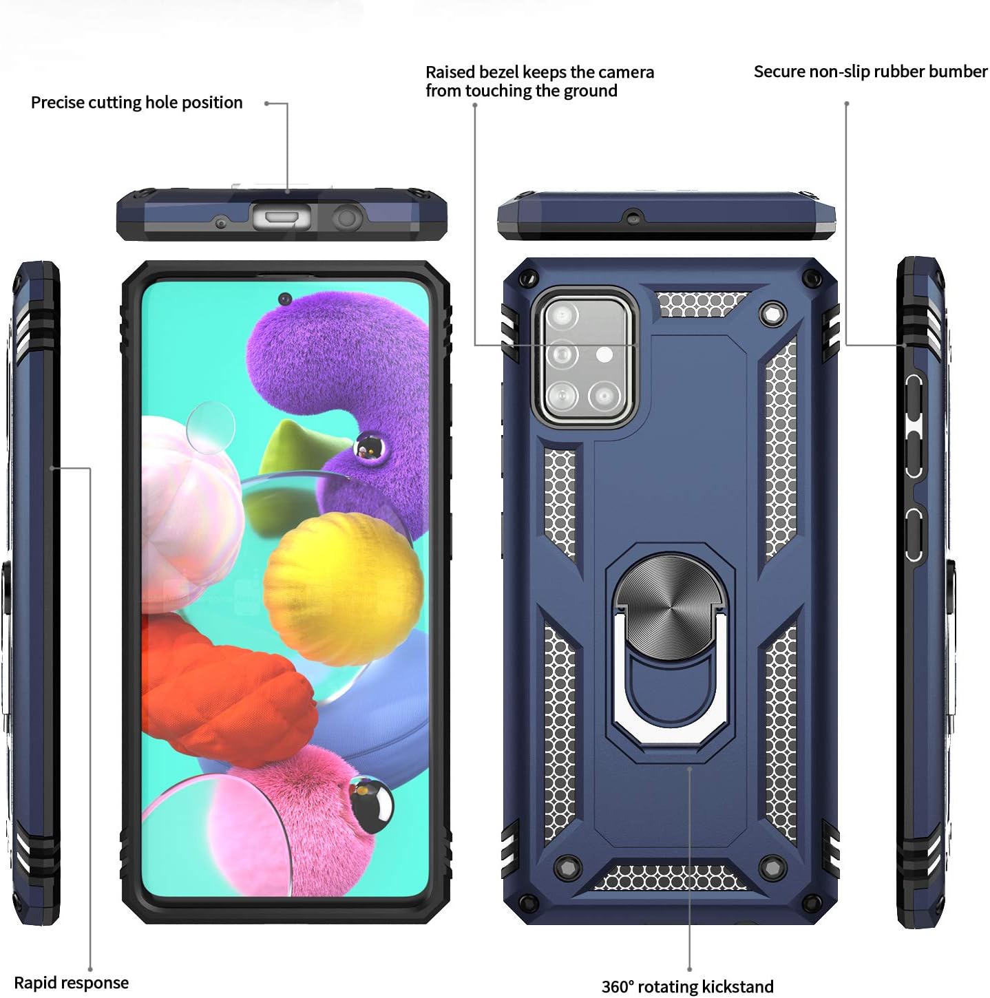 LeYi Compatible for Samsung Galaxy A71 Case (Not Fit A71 5G), [Military-Grade] Defender Protective Phone Case with Car Ring Holder Kickstand for Samsung A71, Blue