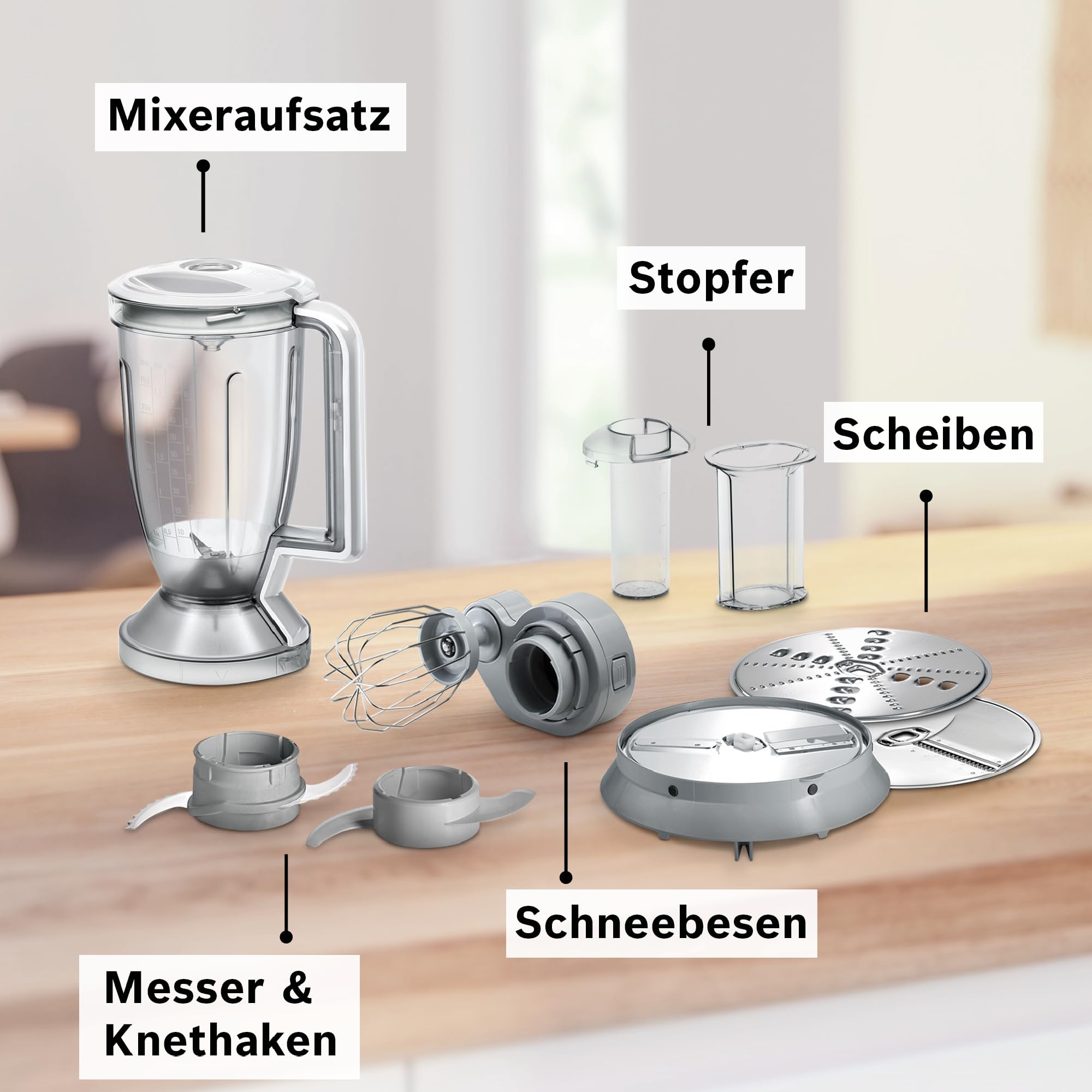Bosch Kompakt-Küchenmaschine MultiTalent 8, 45 Funktionen, XXL-Rührschüssel 3,9 L, Mixer 1,5 L, Universalmesser, Rührbesen, schneiden und raspeln (fein,grob), 1250 W, weiß/edelstahl, MC812S814