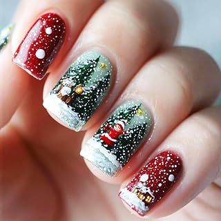 24Pcs Heavy Snow Press on Nails Fox Stick on Fingernails Christmas Medium Square False Nails Glossy Red Acrylic Fake Nail Christmas Tree Gel Glue on Nail for Women Xmas Gift