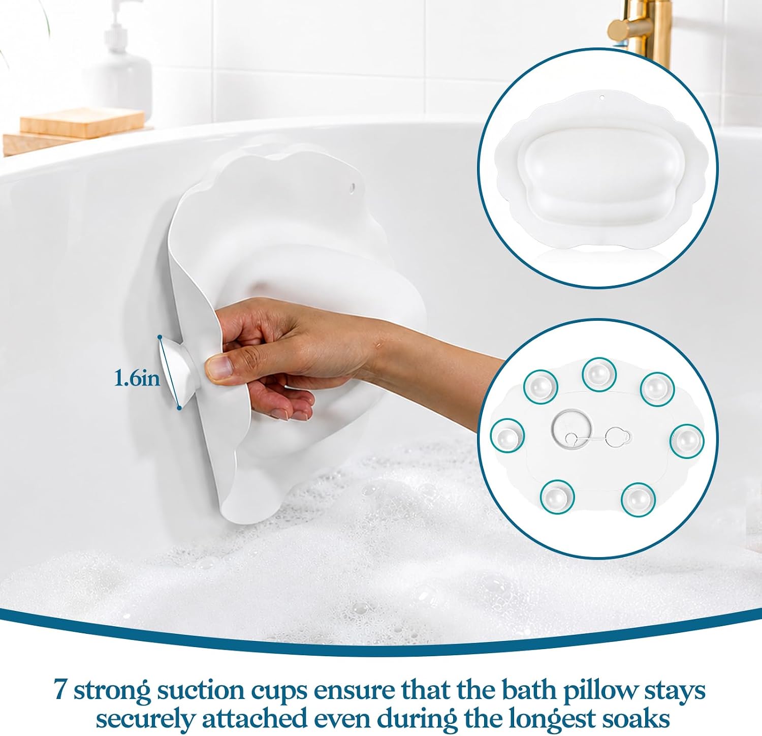 Bath Pillow for Tub, Inflatable Silicone Bathtub Pillow for Head & Neck Support, Adjustable 0-2.3" Height, 7 Strong Suction Cups, Waterproof, Quick-Drying, Luxury Spa Gifts for Women Men (White)