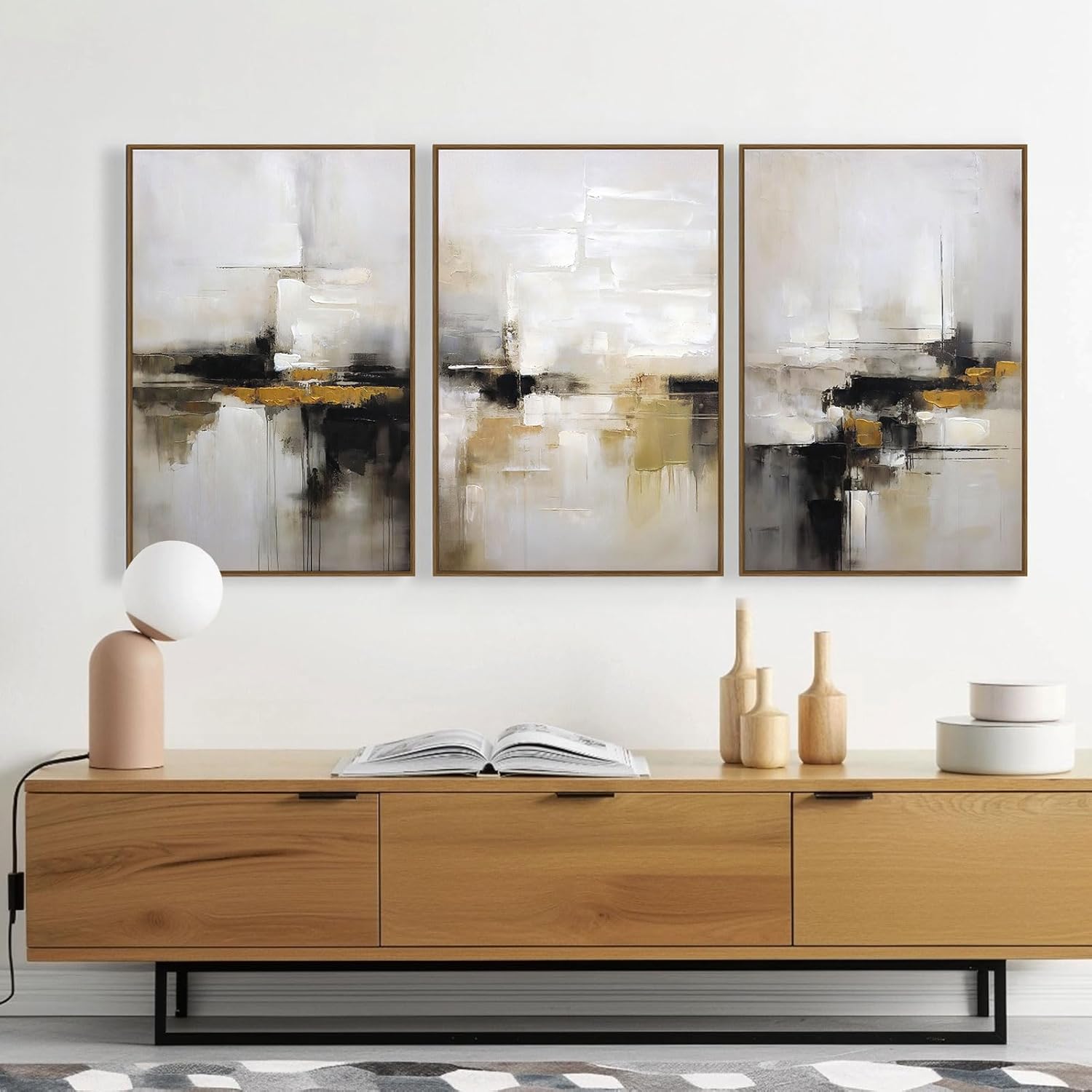 Neutral Abstract Wall Decor Mid Century Modern Framed Wall Art, Black and Brown Grunge Wabi Sabi Art Print Canvas Set for Home Office Living Room Bedroom, 3 Panels, 24x36 Inch, Ready to Hang - Image 8