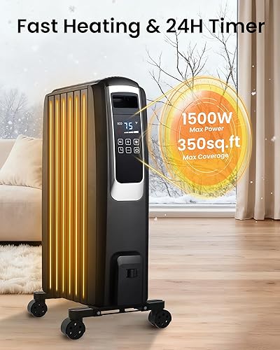 Miniatura 2 de Calentador de radiador de aceite, calentadores eléctricos de 1500 W para uso en interiores con temporizador de 24 horas, control remoto, 7 aletas,