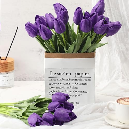 Miniatura 9 de 100 tulipanes artificiales de tacto real, tulipanes falsos de poliuretano, ramo de látex sintético, arreglo de flores, arreglo de centros de mesa,