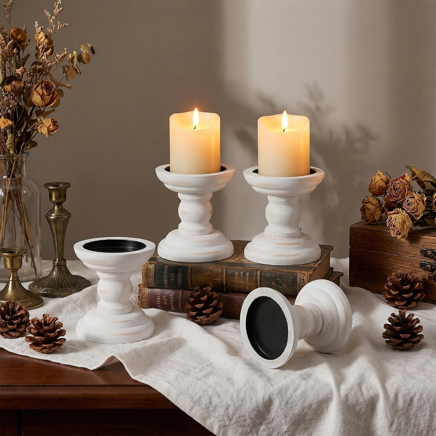 4 Pcs Wood Pillar Candle Holder Rustic White Candle Holder Table Centerpiece Decor Wooden White Farmhouse Decorations for Fireplace Mantle